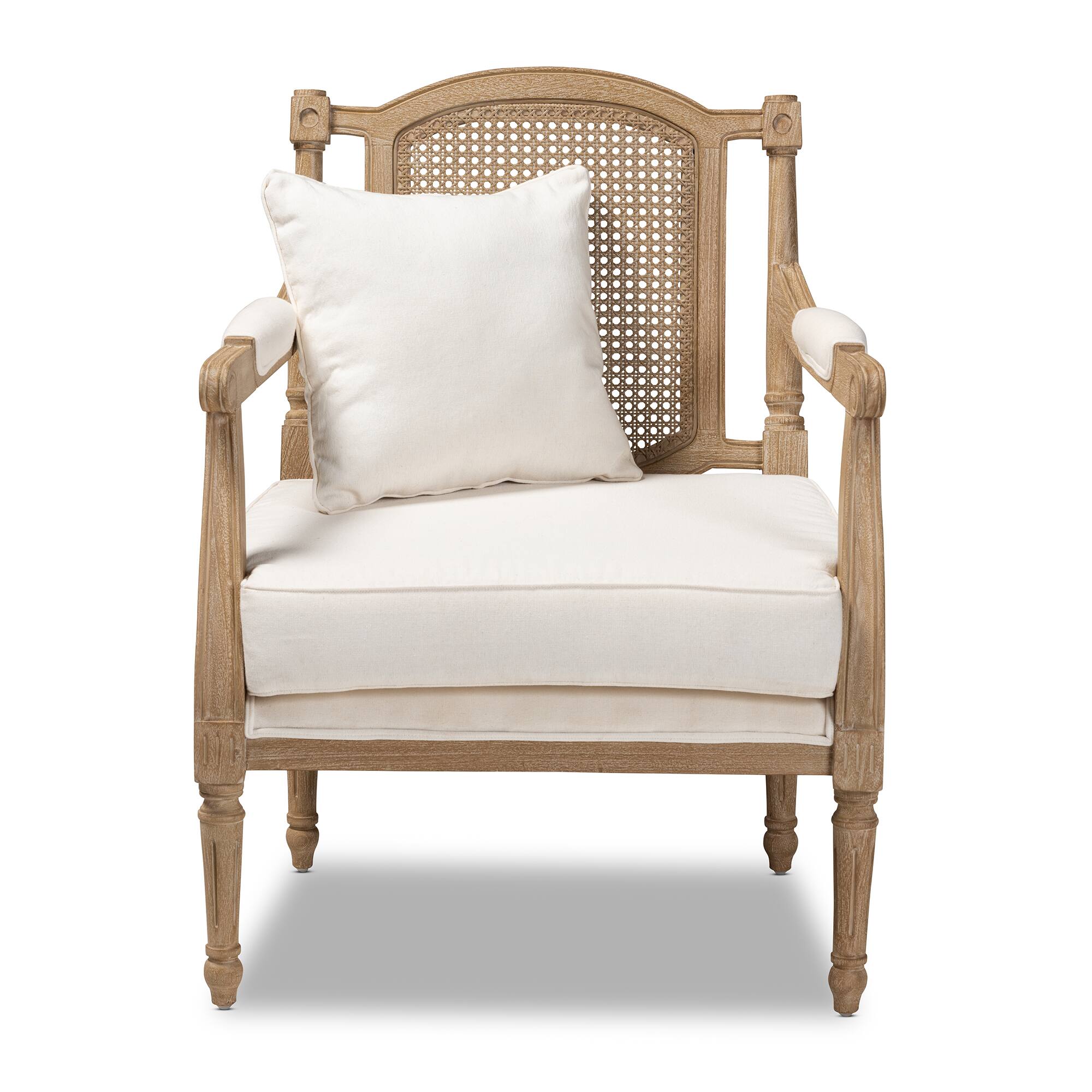 Angle. Baxton Studio - Clemence French Provincial Ivory Fabric Upholstered Whitewashed Wood Armchair - Ivory/Oak.