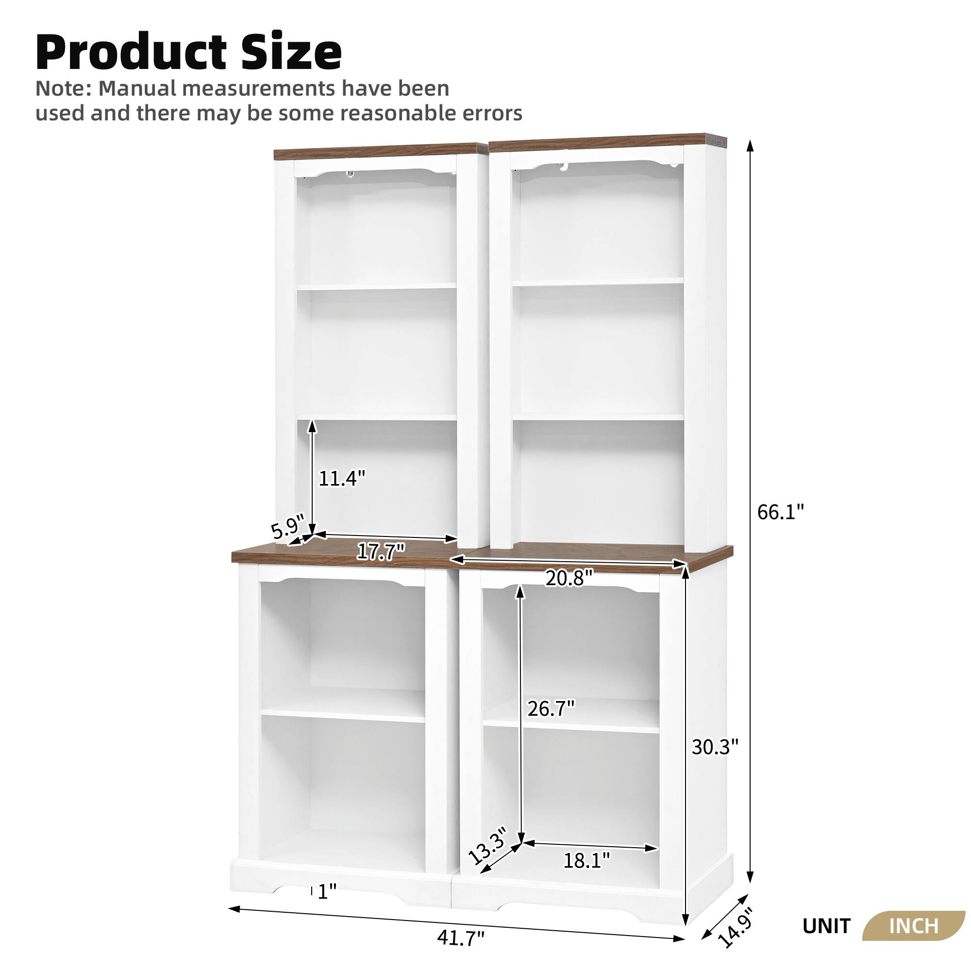 Product Size Note: Manual measurements have been used and there may be some reasonable errors

- 11.4"
- 5.9"
- 17.7"
- 20.8"
- 66.1"
- 26.7"
- 30.3"
- 1"
- 13.3"
- 41.7"
- 18.1"
- 14.9"

UNIT: INCH