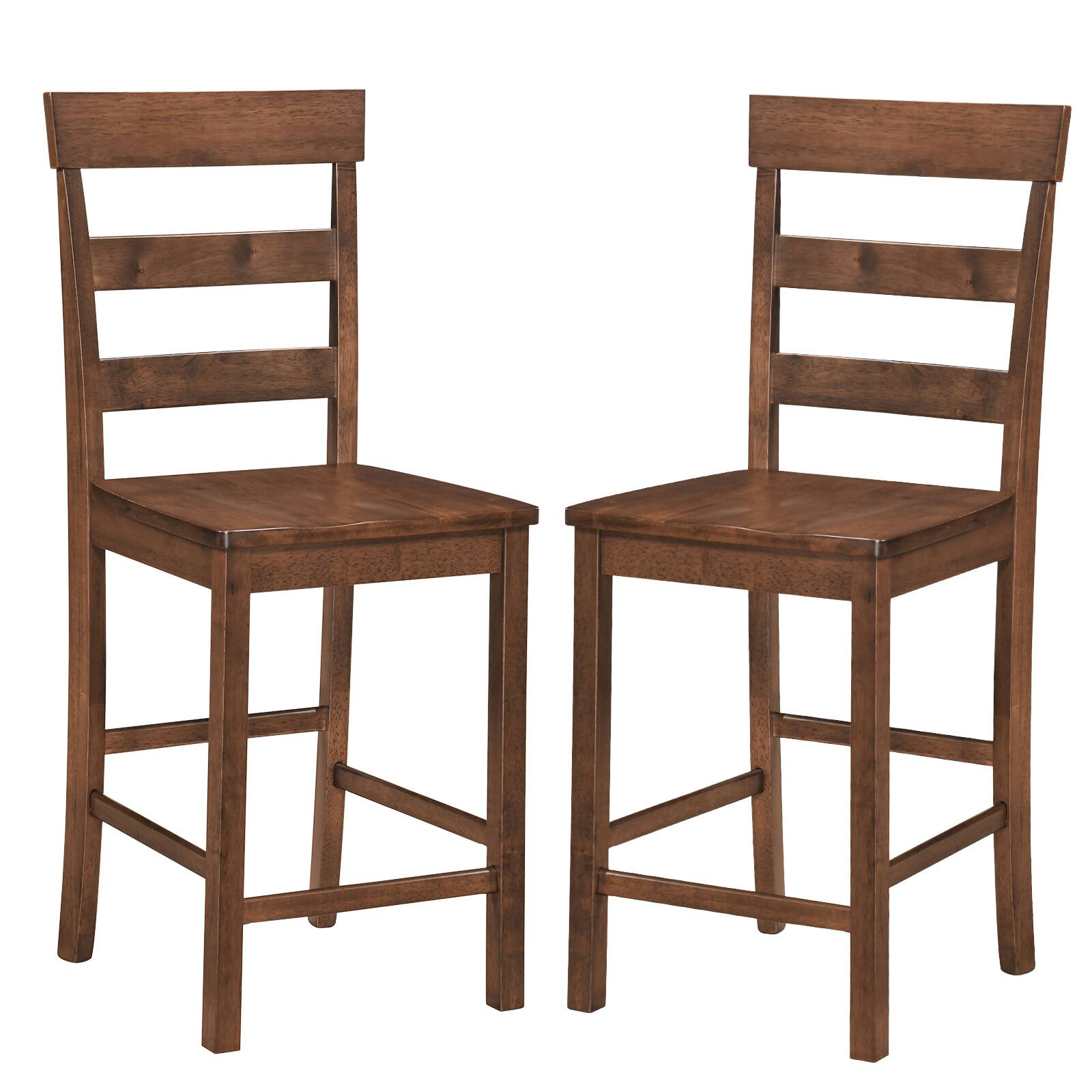 Gymax - 24'' Counter Height Bar Stools Set of 2 w/ High Back Footrest Rubber Wood Frame - Brown