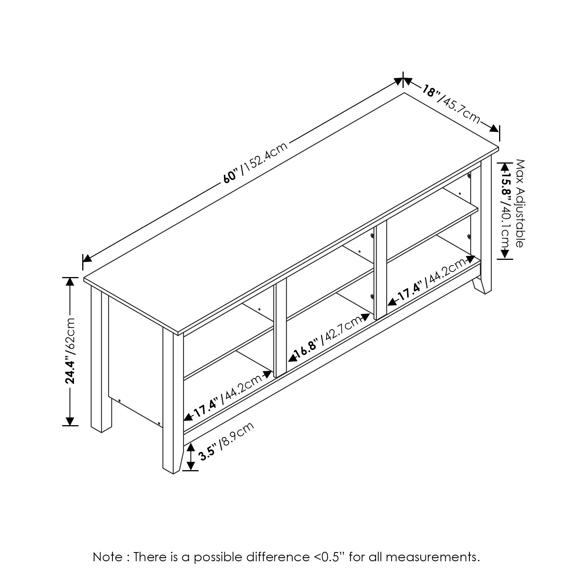 - 24.4" / 62cm
- 18" / 45.7cm
- 60" / 152.4cm
- Max Adjustable 415.8" / 40.1cm
- 17.4" / 44.2cm
- 16.8" / 42.7cm
- 3.5" / 8.9cm

Note: There is a possible difference <0.5" for all measurements.