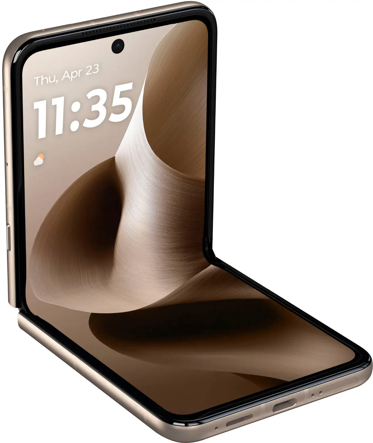 The image shows a cell phone with a unique design, featuring a curved screen and a gold-colored case. The phone is turned on, displaying the time of 11:35. The phone is positioned in a way that it appears to be standing up, with the screen facing the viewer. The design of the phone gives it a distinctive and modern appearance.