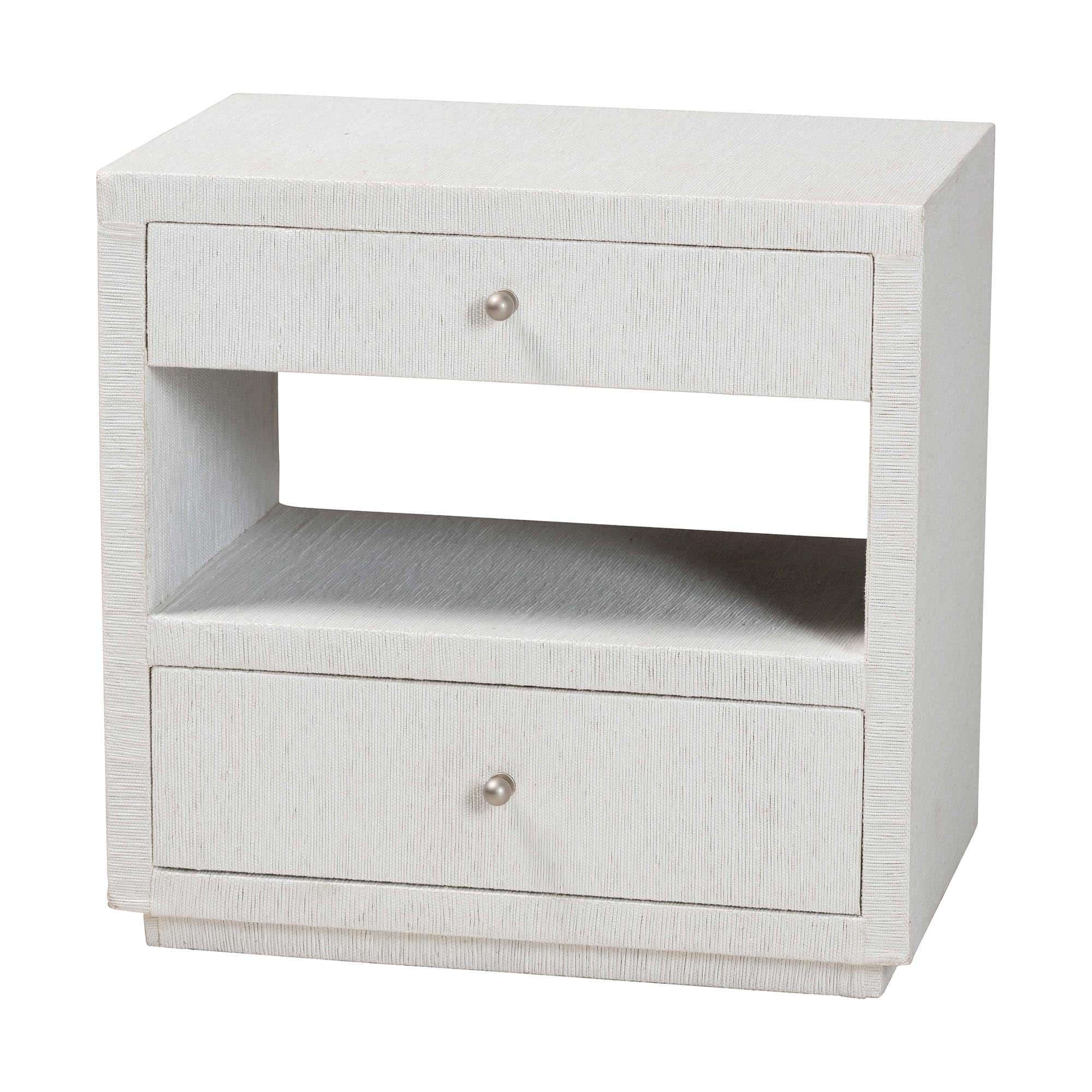 bali & pari - Kai Grasscloth End Table - 2-Drawer Accent Table or Nightstand with Open Shelf, Handwoven Décor - White
