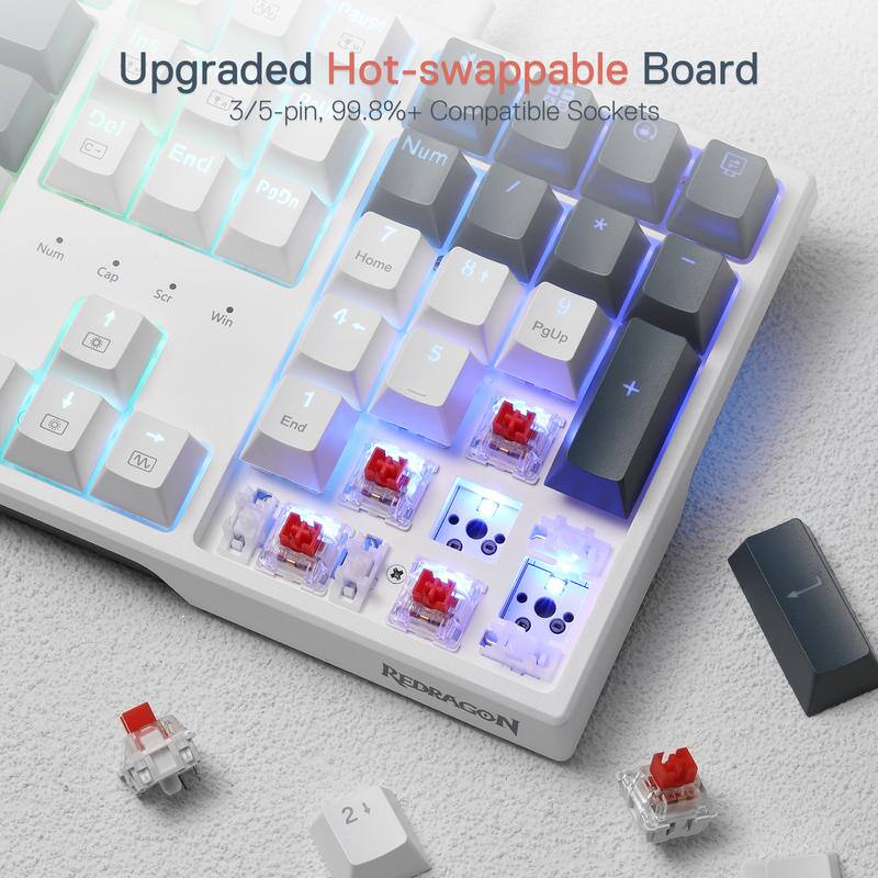 Upgraded Hot-swappable Board  
3/5-pin, 99.8%+ Compatible Sockets  

Num  
Del  
End  
PgDn  
Home  
PgUp  
Scr  
Win  

REDRAGON 2