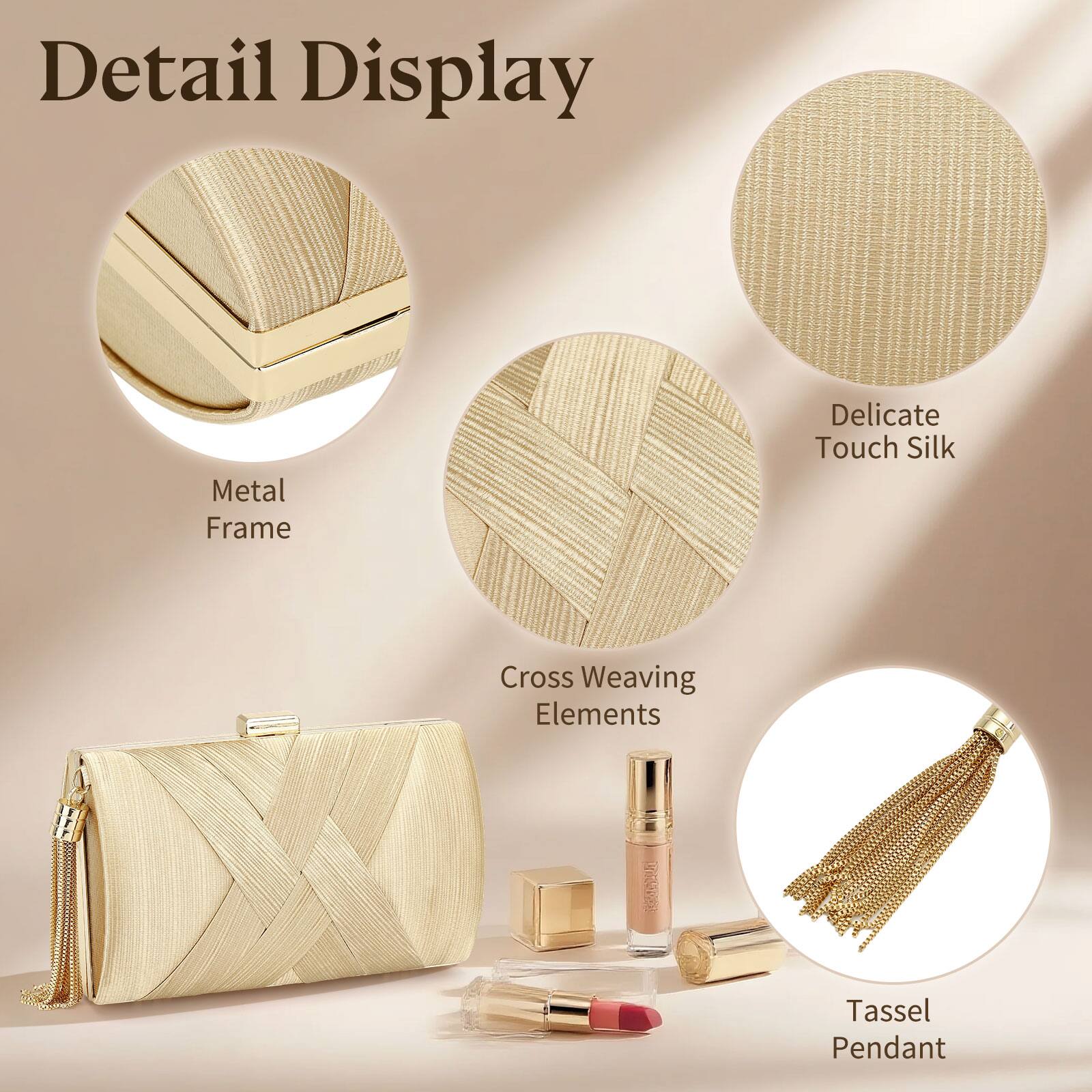 Detail Display

- Metal Frame
- Delicate Touch Silk
- Cross Weaving Elements
- Tassel Pendant
