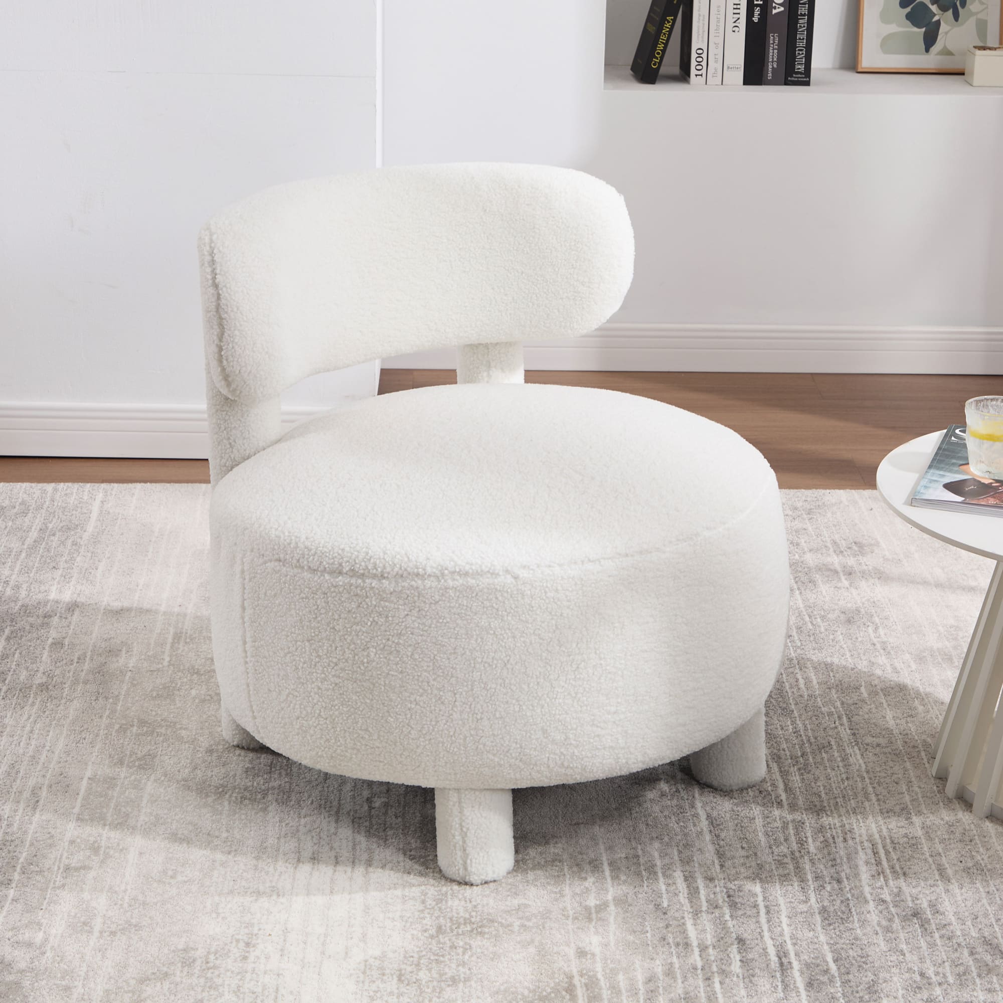 GOODSILO - Plush Teddy Fabric Accent Chair with Curved Backrest and Solid Wood Legs for Living Room or Bedroom - White