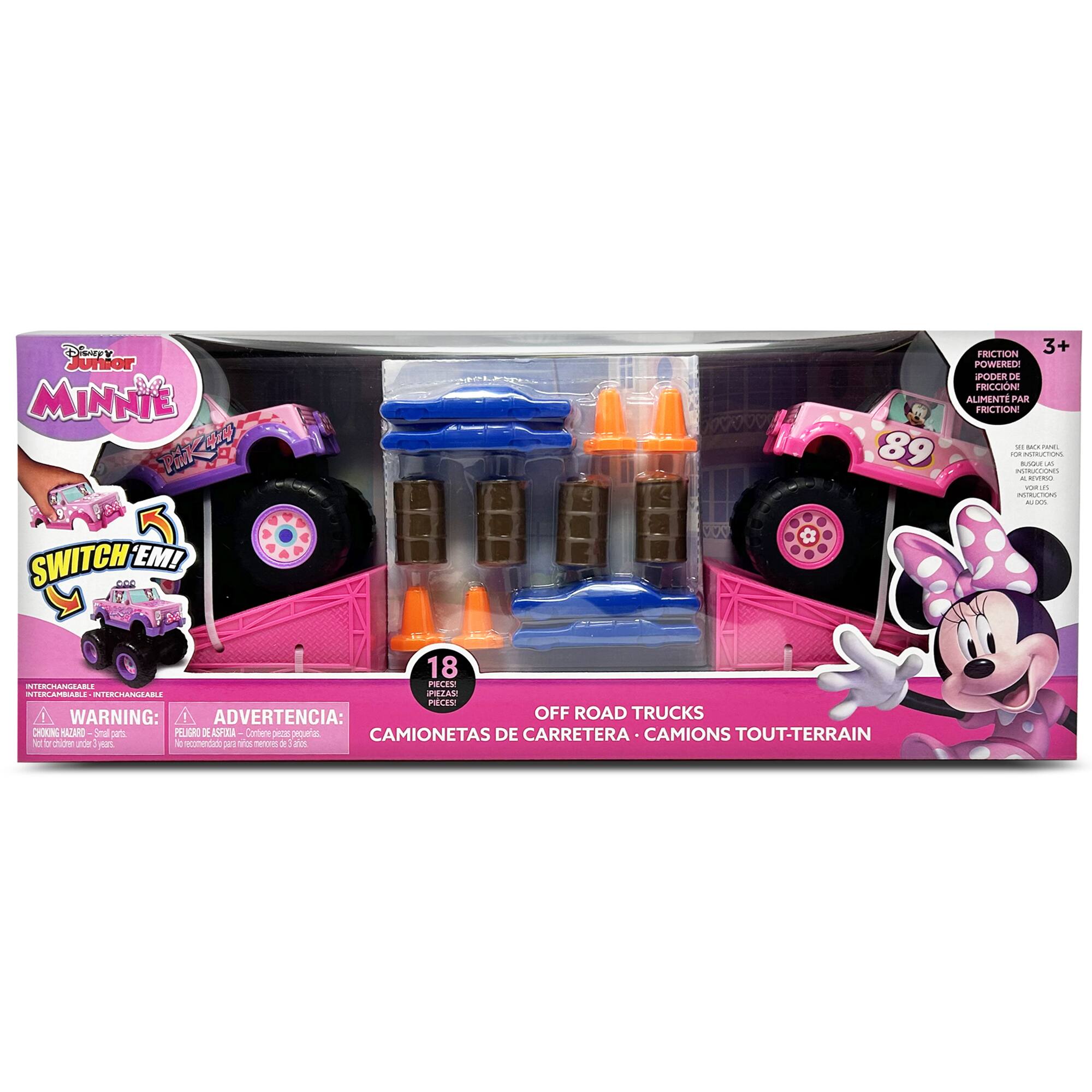Disney Junior  
MINNIE  
SWITCH 'EM!  
3+  
FRICCIÓN POWERED!  
FRICTION POWERED!  
ALIMENTE PAR FRICTION  
18 PIEZAS  
WARNING:  
ADVERTENCIA:  
OFF ROAD TRUCKS  
CAMIONETAS DE CARRETERA  
CAMIONS TOUT-TERRAIN