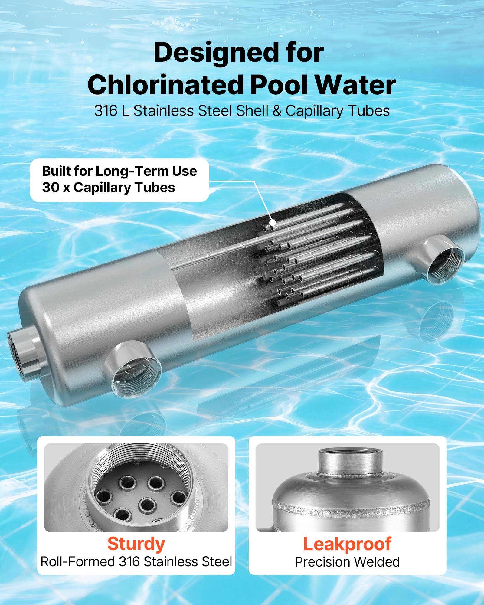 Designed for Chlorinated Pool Water  
316 L Stainless Steel Shell & Capillary Tubes  
Built for Long-Term Use  
30 x Capillary Tubes  
Sturdy Roll-Formed 316 Stainless Steel  
Leakproof Precision Welded