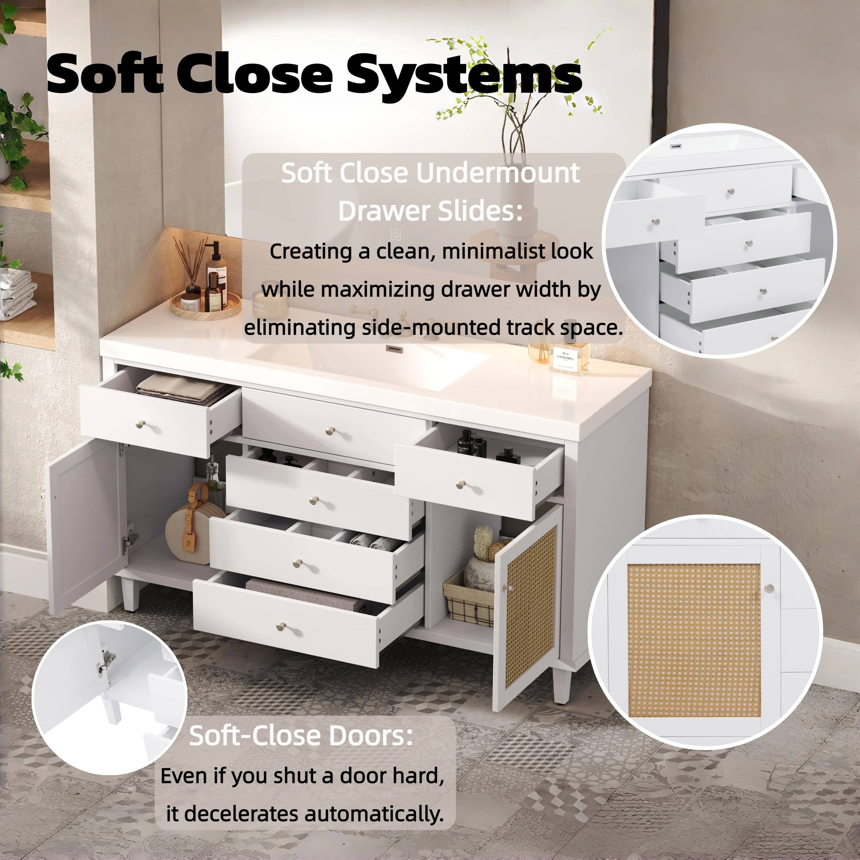 Soft Close Systems

Soft Close Undermount Drawer Slides:
Creating a clean, minimalist look while maximizing drawer width by eliminating side-mounted track space.

Soft-Close Doors:
Even if you shut a door hard, it decelerates automatically.