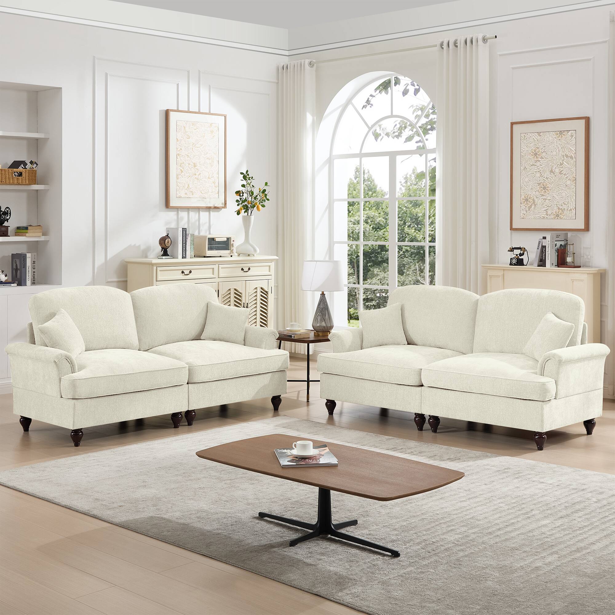 Angle. Anysun - Classic 2-Piece Chenille Sofa Set - Flared Arms, Ruffled Skirt & Spindle Legs (2+2 Seat Sofa) for Living Room - Beige.