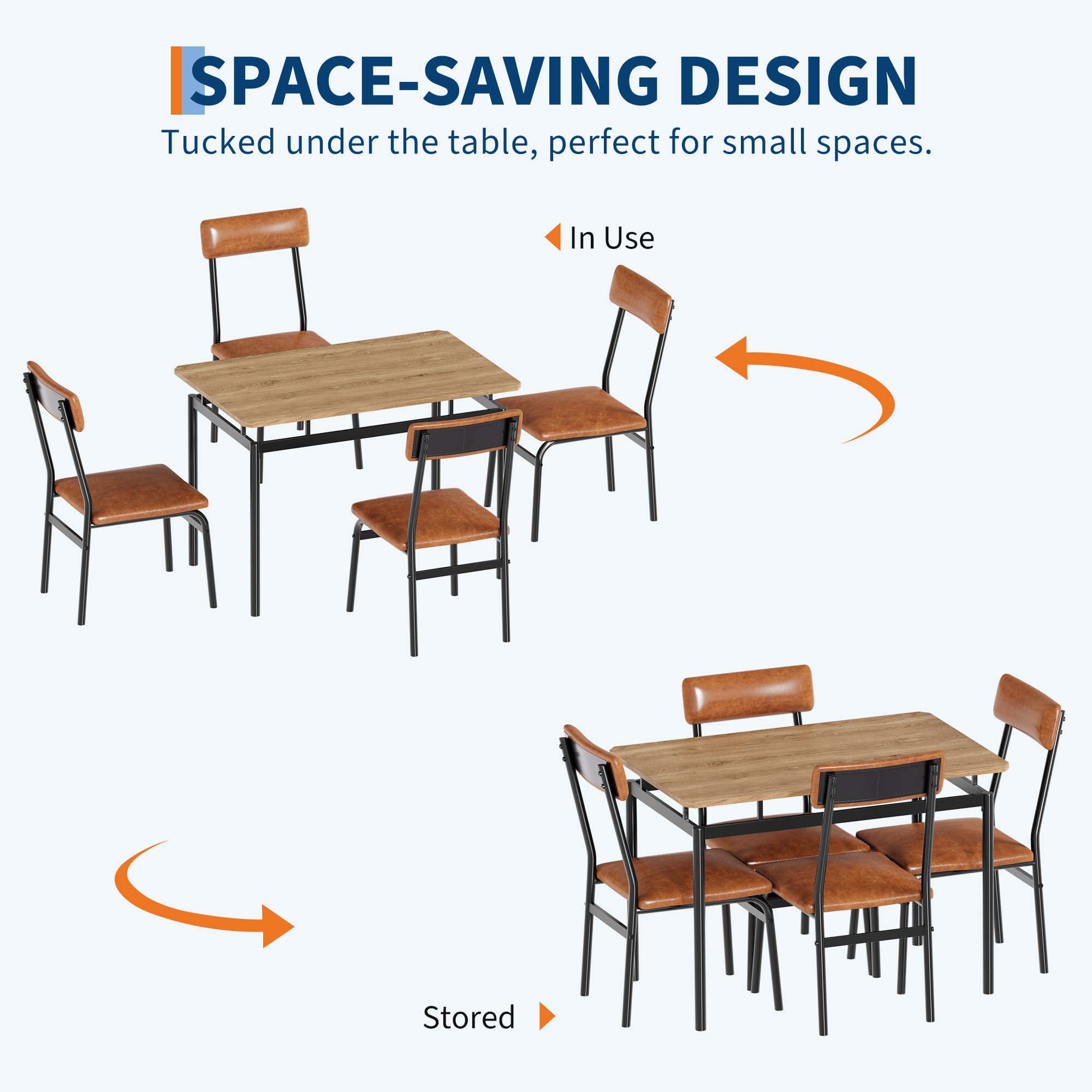 SPACE-SAVING DESIGN  
Tucked under the table, perfect for small spaces.  

In Use  
Stored