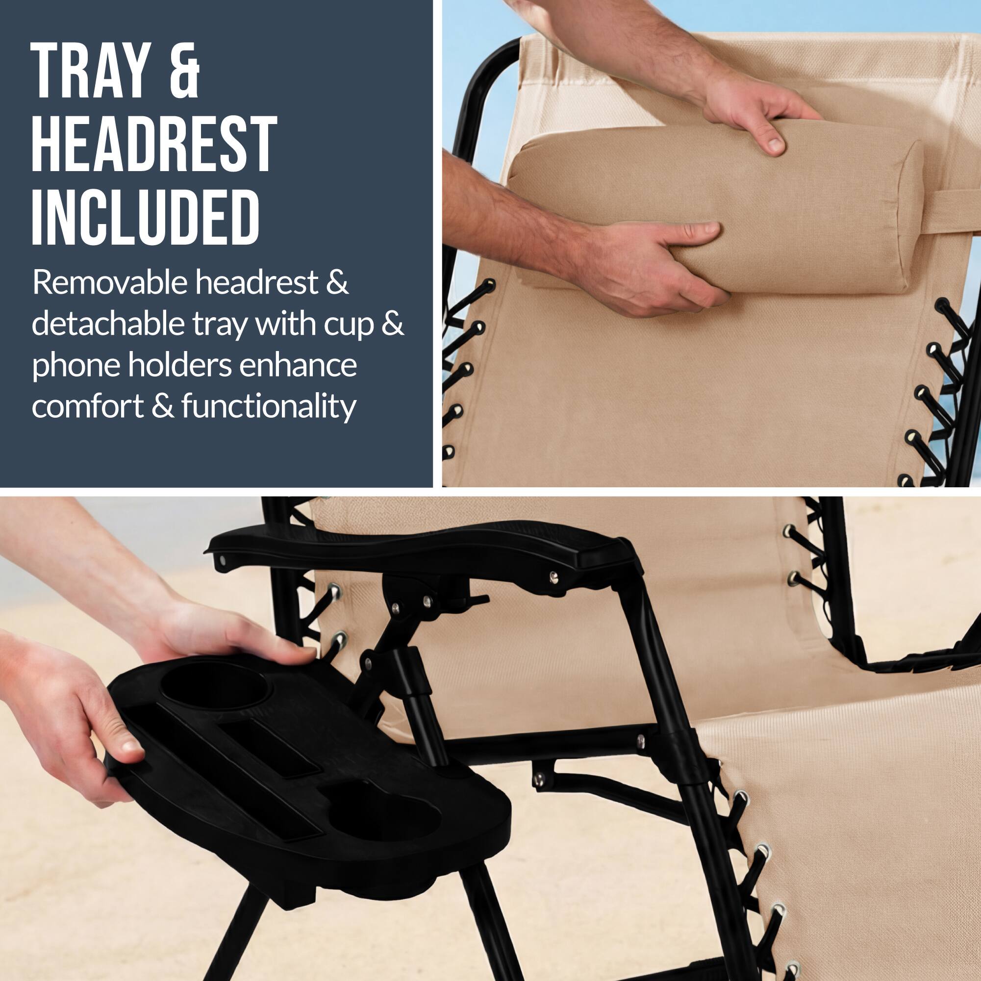 TRAY & HEADREST INCLUDED

Removable headrest & detachable tray with cup & phone holders enhance comfort & functionality