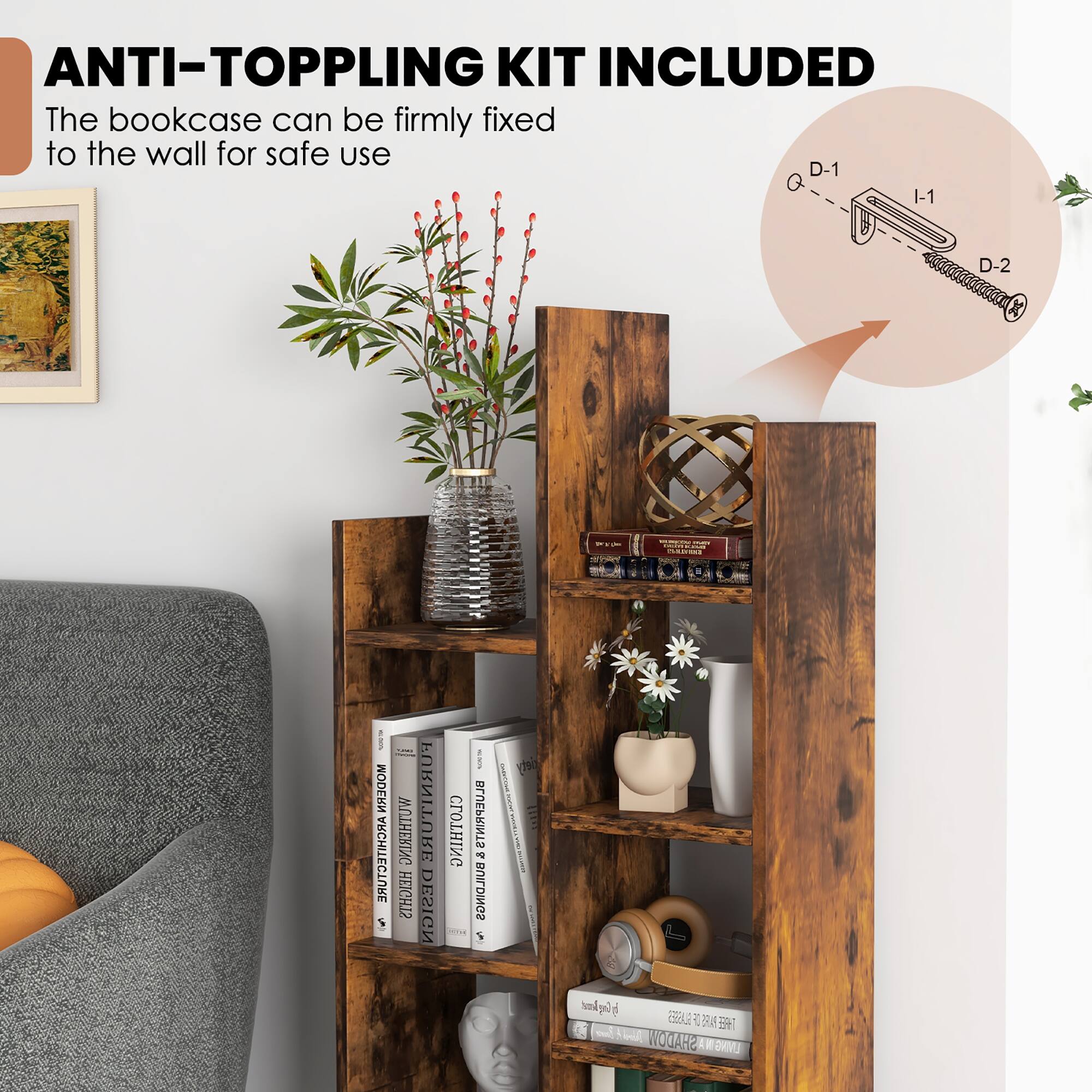 ANTI-TOPPLING KIT INCLUDED  
The bookcase can be firmly fixed to the wall for safe use  

D-1  
Q  
I-1  
D-2  

SUBLIN - EMELYERCAISAN CHILD  
WWW.OUGHIC MODERN ARCHITECTURE  
USE coime WUTHERING HEICHTS FURNITURE DESIGN  
CLOTHING 2018  
/ BLUEPRINTS & BUILDINGS  
CHORECTION - CHANGE  
lop Amet GUSSES OF PARS PH-7 Baver 1 Rebred SHADOW AM LIVING