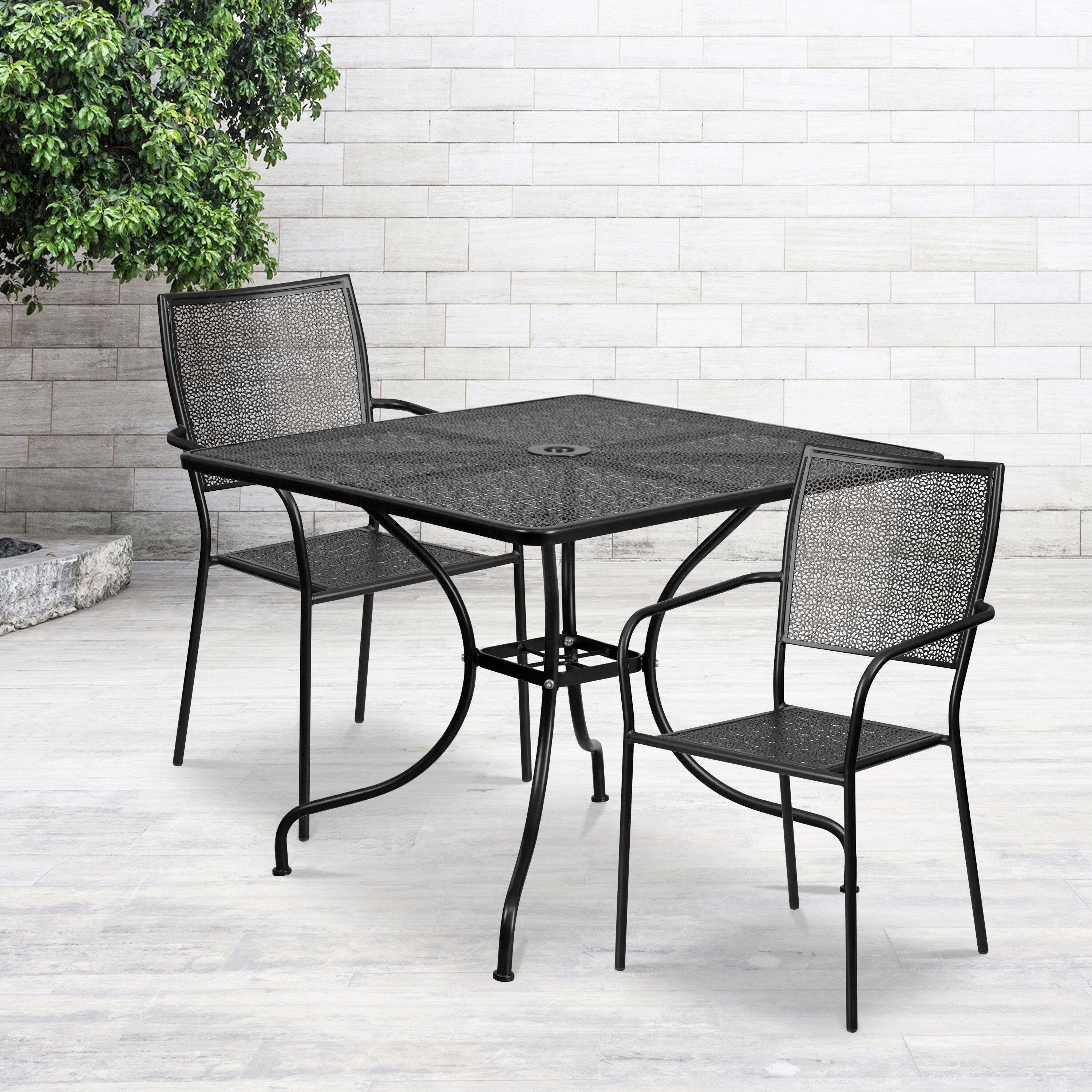 Alt View 1. Emma + Oliver - Commercial Grade 35.5" Square Metal Garden Patio Table Set, 2 Square Back Chairs - Black.
