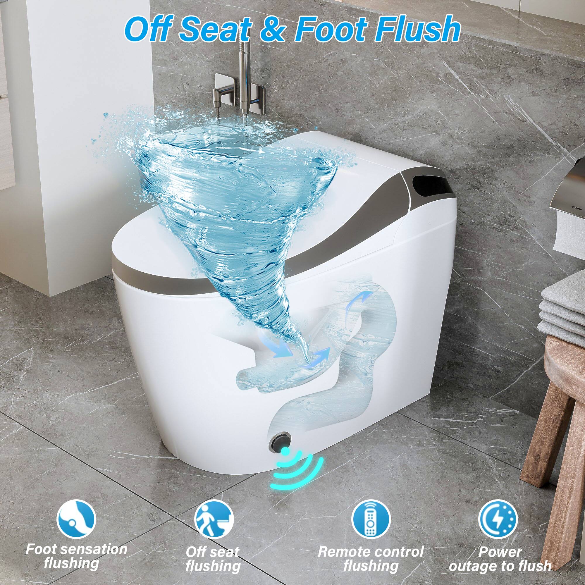 Off Seat & Foot Flush

- Foot sensation flushing
- Off seat flushing
- Remote control flushing
- Power outage to flush
