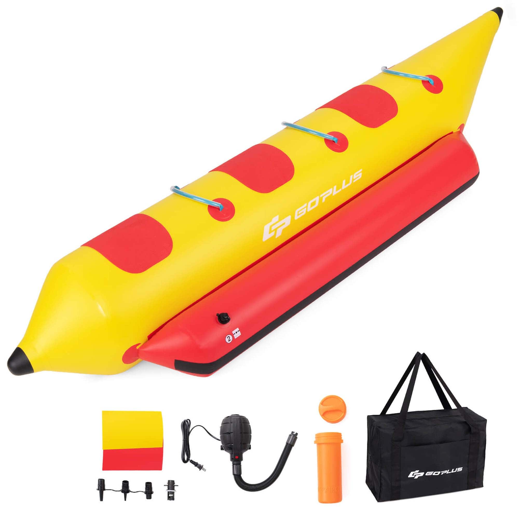 Costway - 3-Person Inflatable Banana Boat with Boating and Water Sports Electric Air Pump - Red + Yellow