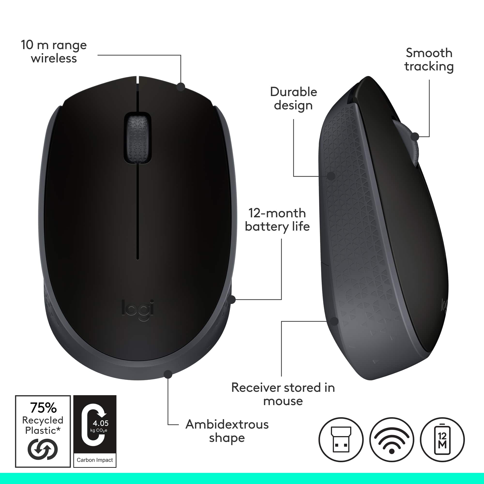 The image shows a black computer mouse with a diagram explaining its features. The mouse has a 10m range wireless connection, smooth tracking, and a durable design. It also has a 12-month battery life and is made with 75% recycled plastic, reducing its carbon impact. The receiver is stored inside the mouse, making it convenient for use. The mouse is ambidextrous and has a shape that is both ergonomic and aesthetically pleasing.
