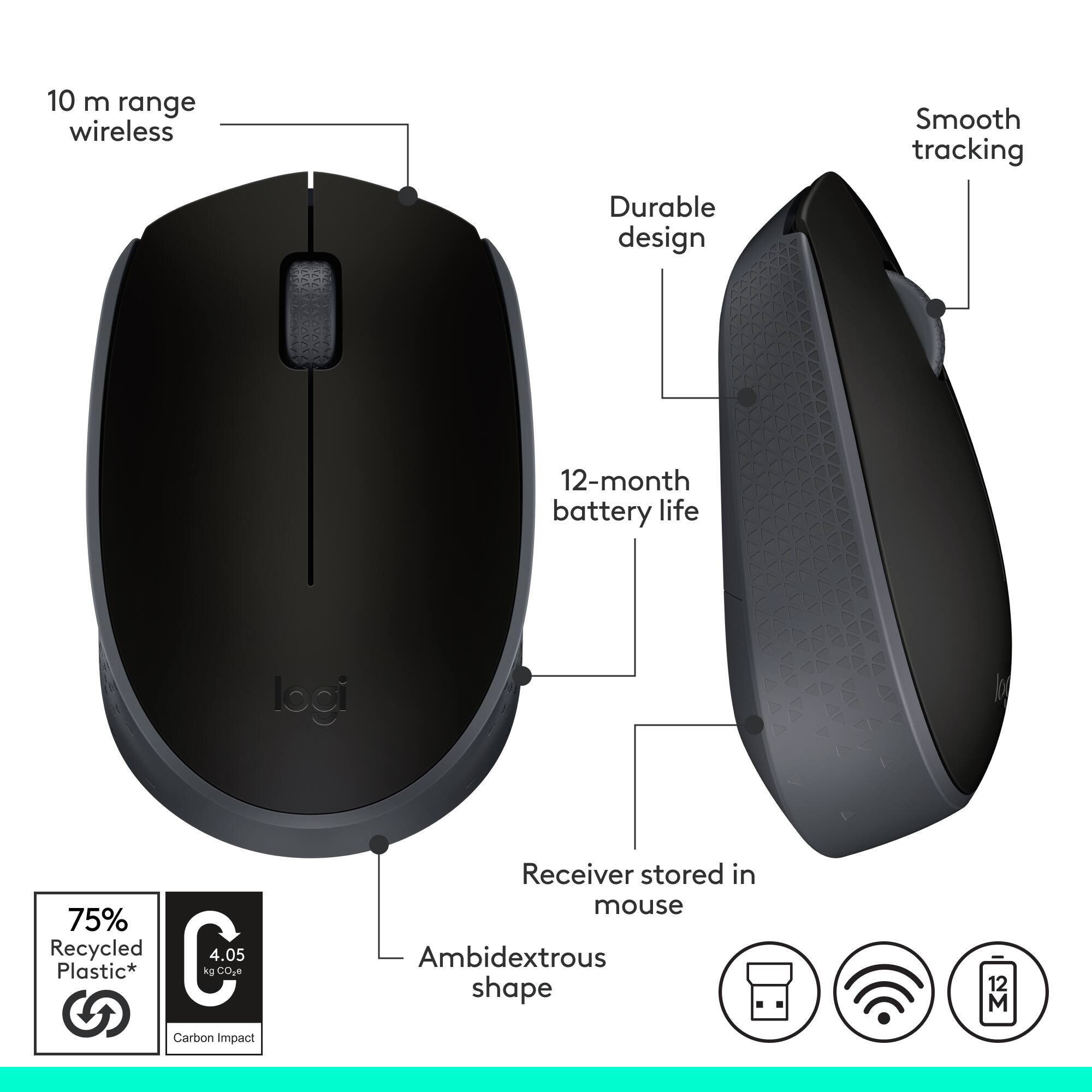 The image shows a black computer mouse with a diagram explaining its features. The mouse has a 10m range wireless connection, smooth tracking, and a durable design. It also has a 12-month battery life and is made with 75% recycled plastic, reducing its carbon impact. The receiver is stored inside the mouse, making it convenient for use. The mouse is ambidextrous and has a shape that is both ergonomic and aesthetically pleasing.