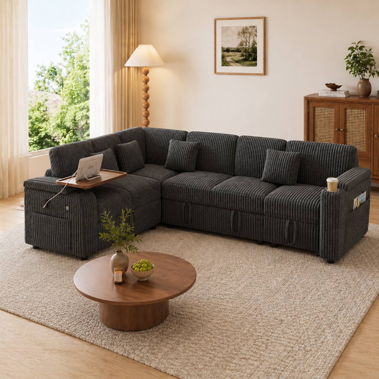 Left. Anysun - 100" Pull-Out Sofa Bed with USB Ports, Storage Areas, Table Board & Cup Holder, Extra-Large U-Shaped Combination - Dark Gray.