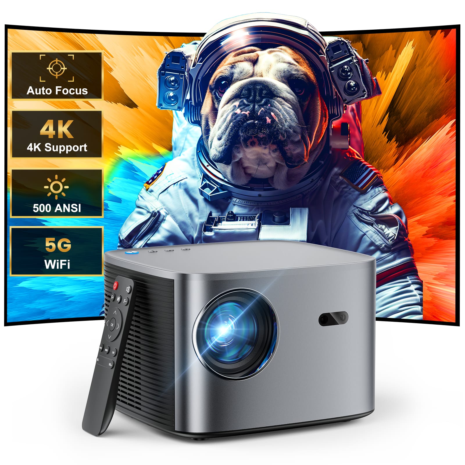 Groview - 4K Projector with WiFi & Bluetooth – 1000 ANSI lumens for bright outdoor movies. Features 50–100% zoom, compatib