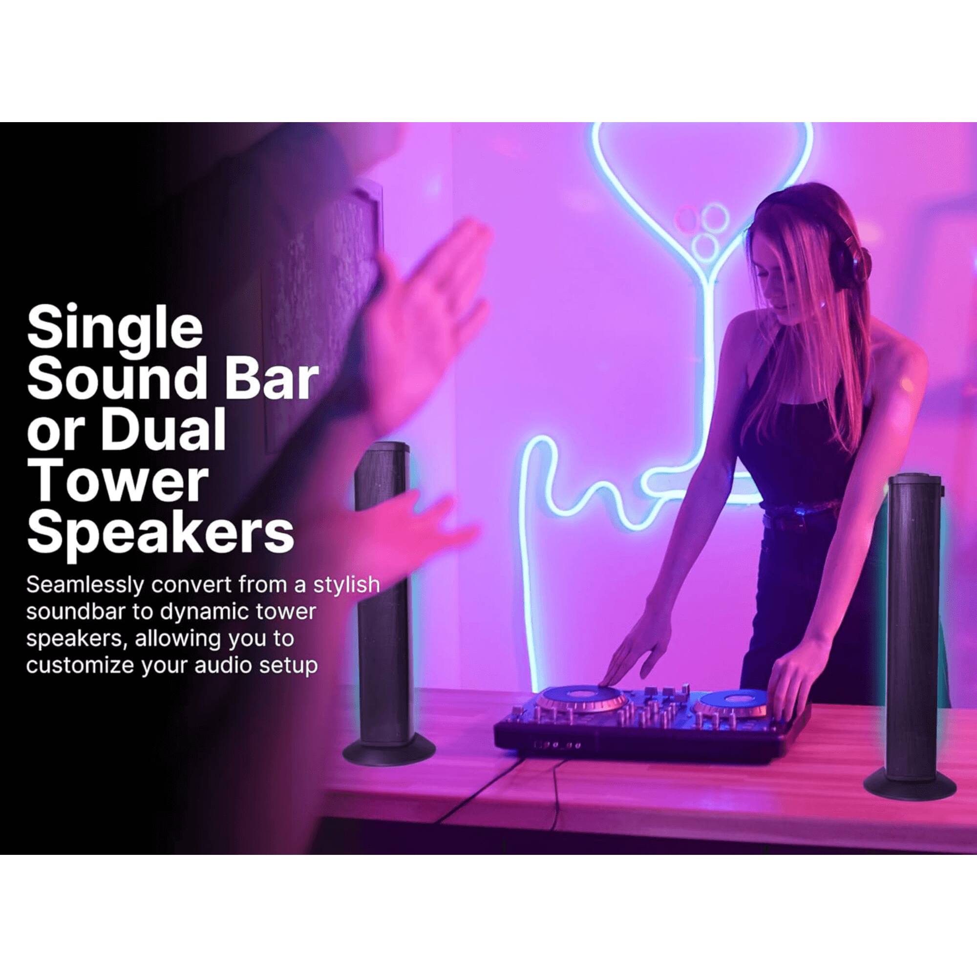 Single Sound Bar or Dual Tower Speakers

Seamlessly convert from a stylish soundbar to dynamic tower speakers, allowing you to customize your audio setup