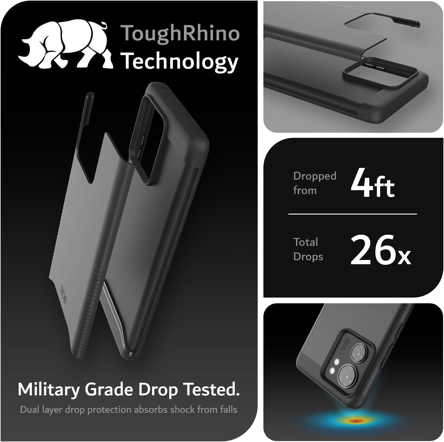 ToughRhino Technology

Dropped from 4ft  
Total Drops 26x

Military Grade Drop Tested.  
Dual layer drop protection absorbs shock from falls