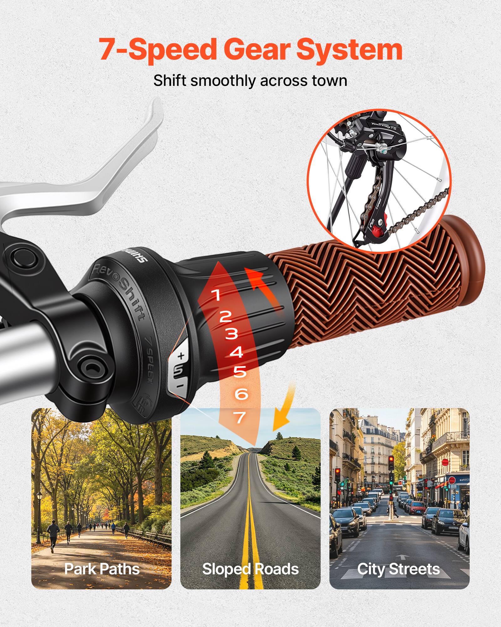 7-Speed Gear System  
Shift smoothly across town  

1 2 3 4 5 6 7 - Park Paths Sloped Roads City Streets