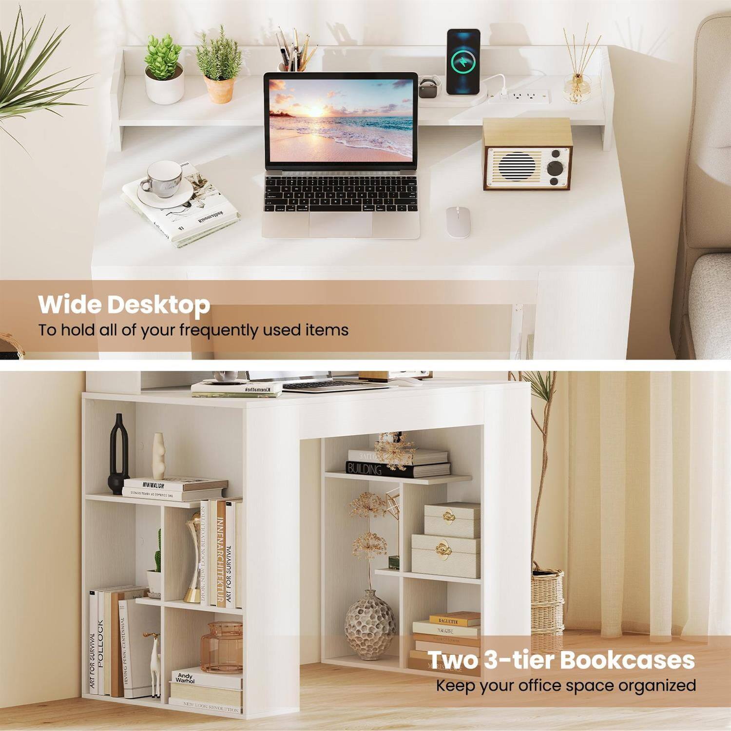 Wide Desktop  
To hold all of your frequently used items

Two 3-tier Bookcases  
Keep your office space organized