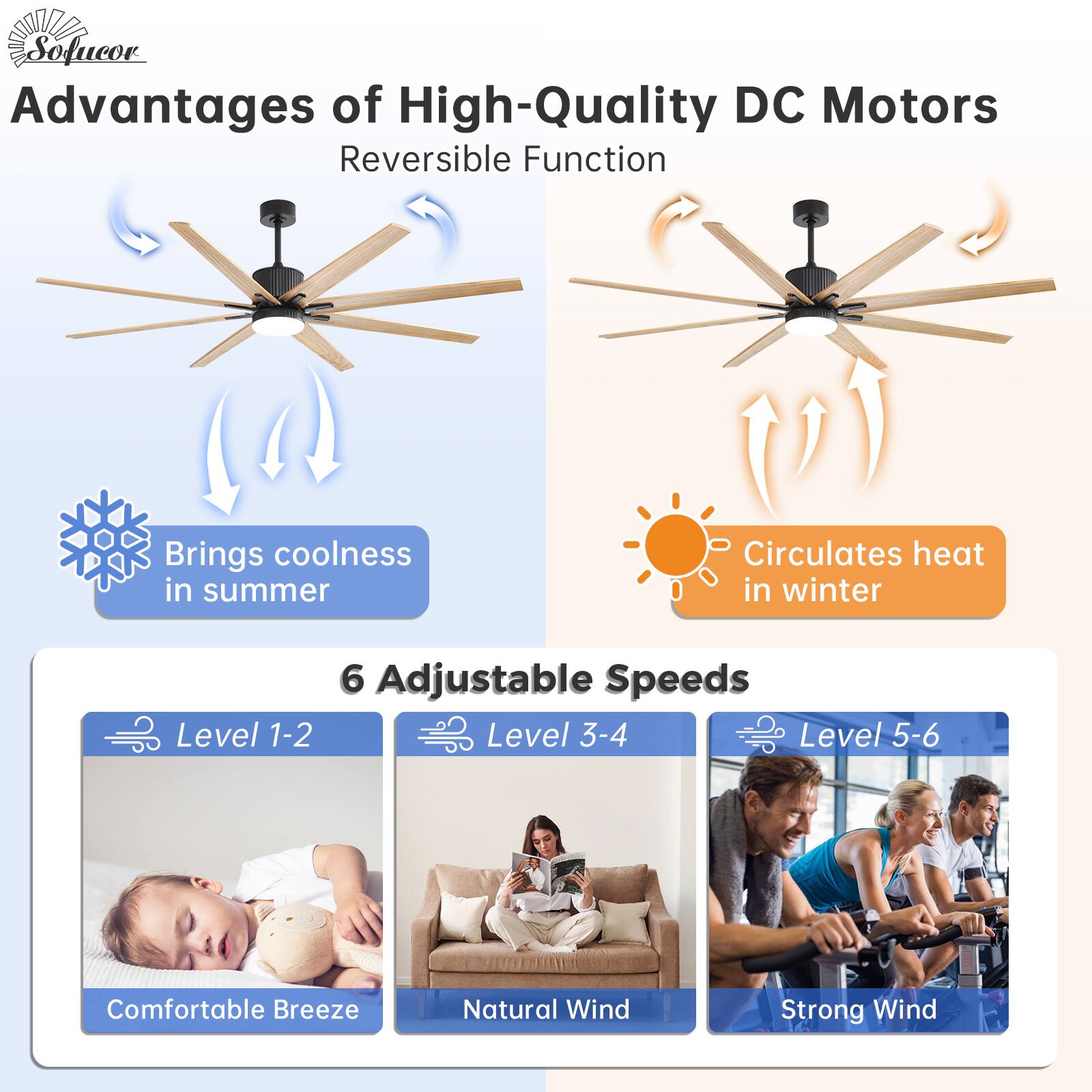 Advantages of High-Quality DC Motors  
Reversible Function  
Brings coolness in summer  
Circulates heat in winter  

6 Adjustable Speeds  
Level 1-2: Comfortable Breeze  
Level 3-4: Natural Wind  
Level 5-6: Strong Wind