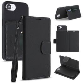 Dteck - 2-in-1 Detachable Wallet Case for Apple iPhone 17e, RFID Faux Leather Shockproof Kickstand Cover with Wrist Strap - Black