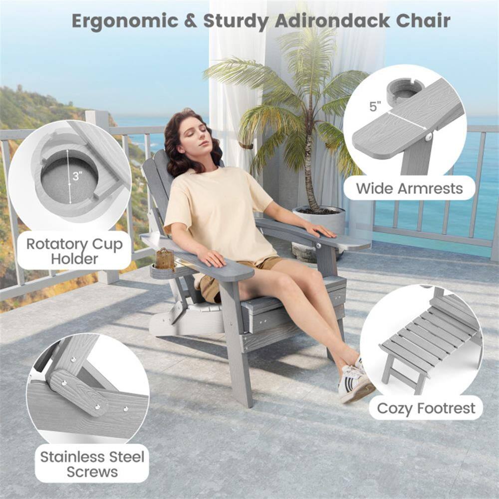 Ergonomic & Sturdy Adirondack Chair

- 5" Wide Armrests
- 3" Rotatory Cup Holder
- Cozy Footrest
- Stainless Steel Screws