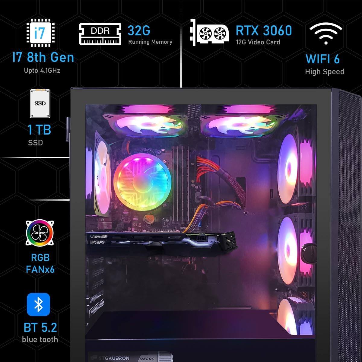 i7 8th Gen  
Upto 4.1GHz  
DDR 32G Running Memory  
RTX 3060 12G Video Card  
WIFI 6 High Speed  
1 TB SSD  
RGB FANx6  
BT 5.2 blue tooth  
GAUBRON SPS 500