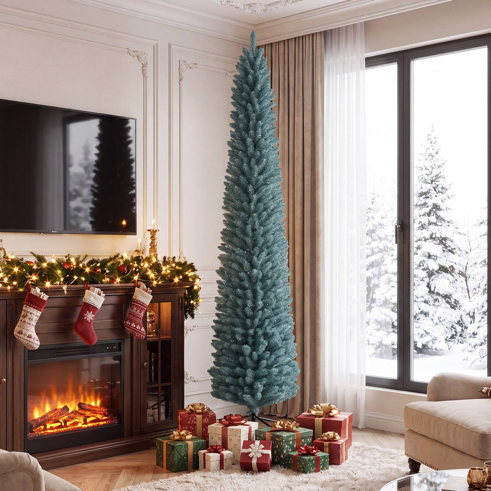 Alt View 3. Gymax - Gymax 8 FT Artificial Pencil Christmas Tree535 Lush Branch Tips Folding Metal Stand Gray Green - Gray.