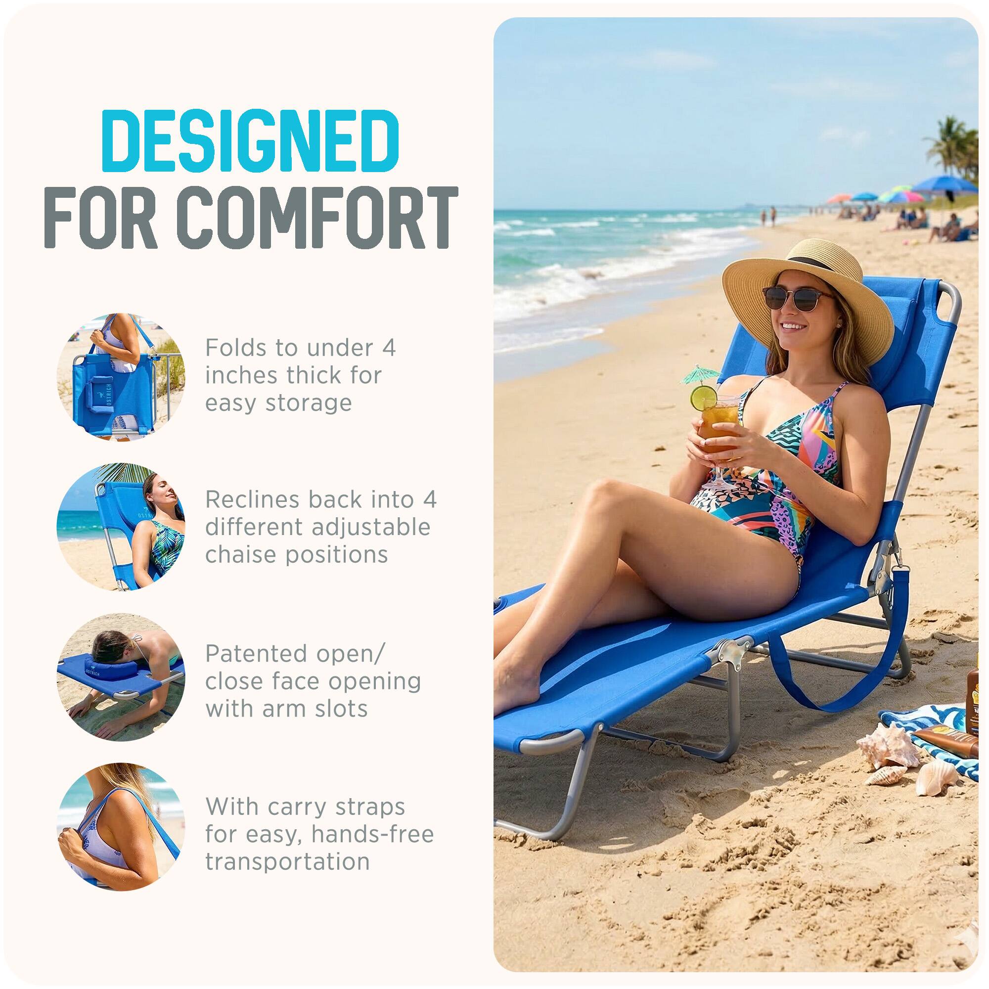 DESIGNED FOR COMFORT

- Folds to under 4 inches thick for easy storage
- Reclines back into 4 different adjustable chaise positions
- Patented open/close face opening with arm slots
- With carry straps for easy, hands-free transportation