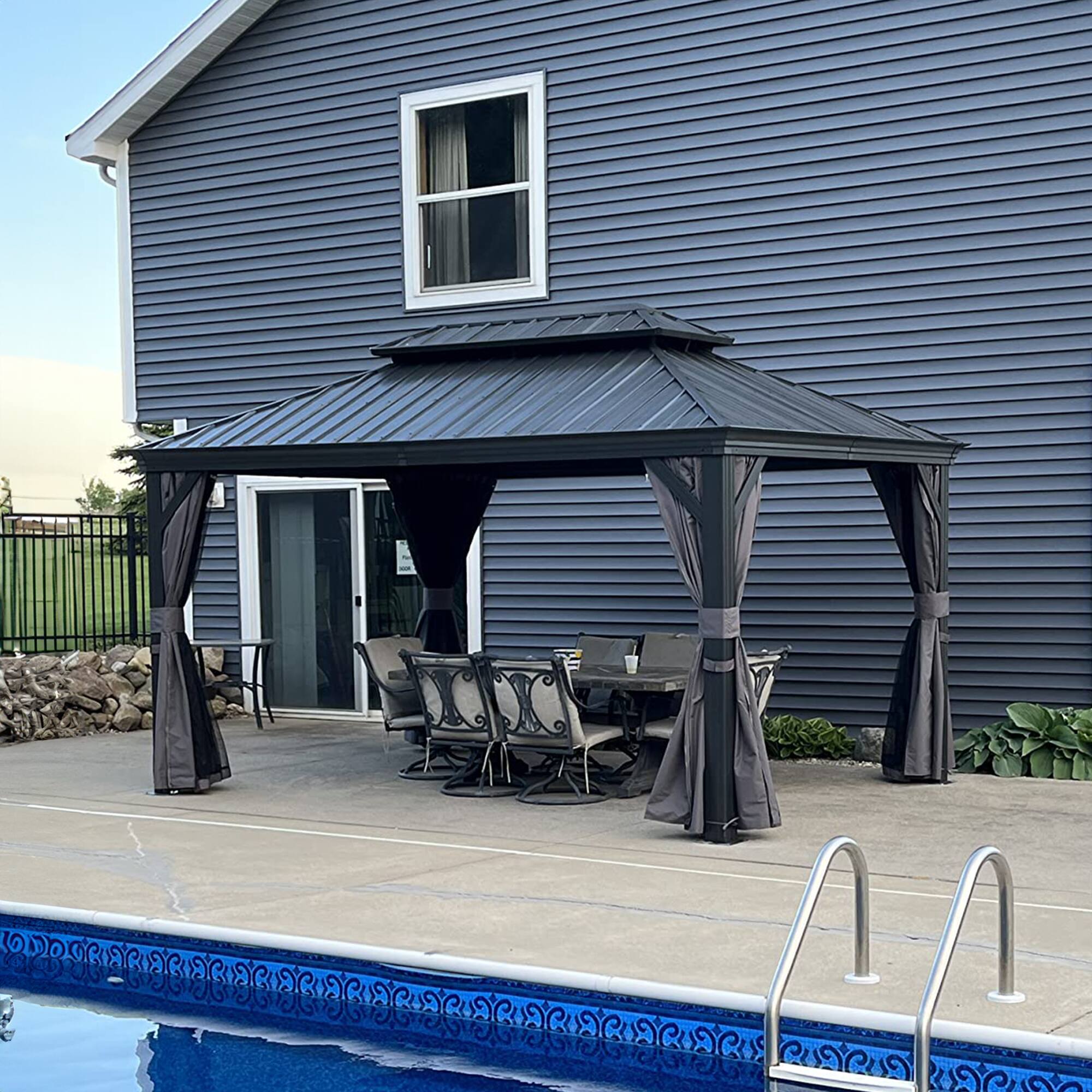 Alt View 2. PURPLE LEAF - 10' X 14' Permanent Hardtop Aluminum Gazebo with Double Roof for Patio Lawn and Garden, Curtains and Netting Included - 10' X 14'.
