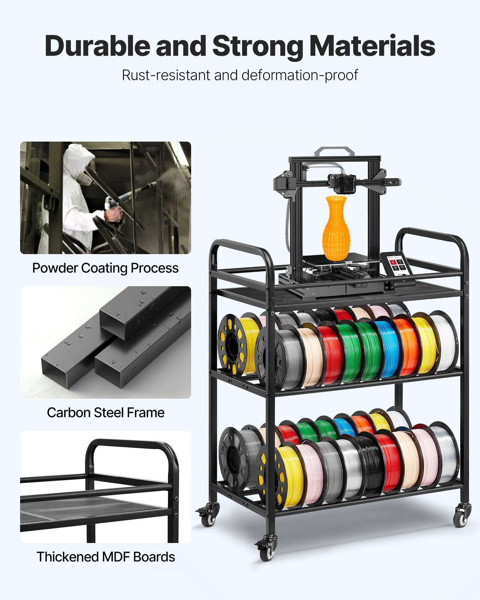 Durable and Strong Materials  
Rust-resistant and deformation-proof  

- Powder Coating Process  
- Carbon Steel Frame  
- Thickened MDF Boards