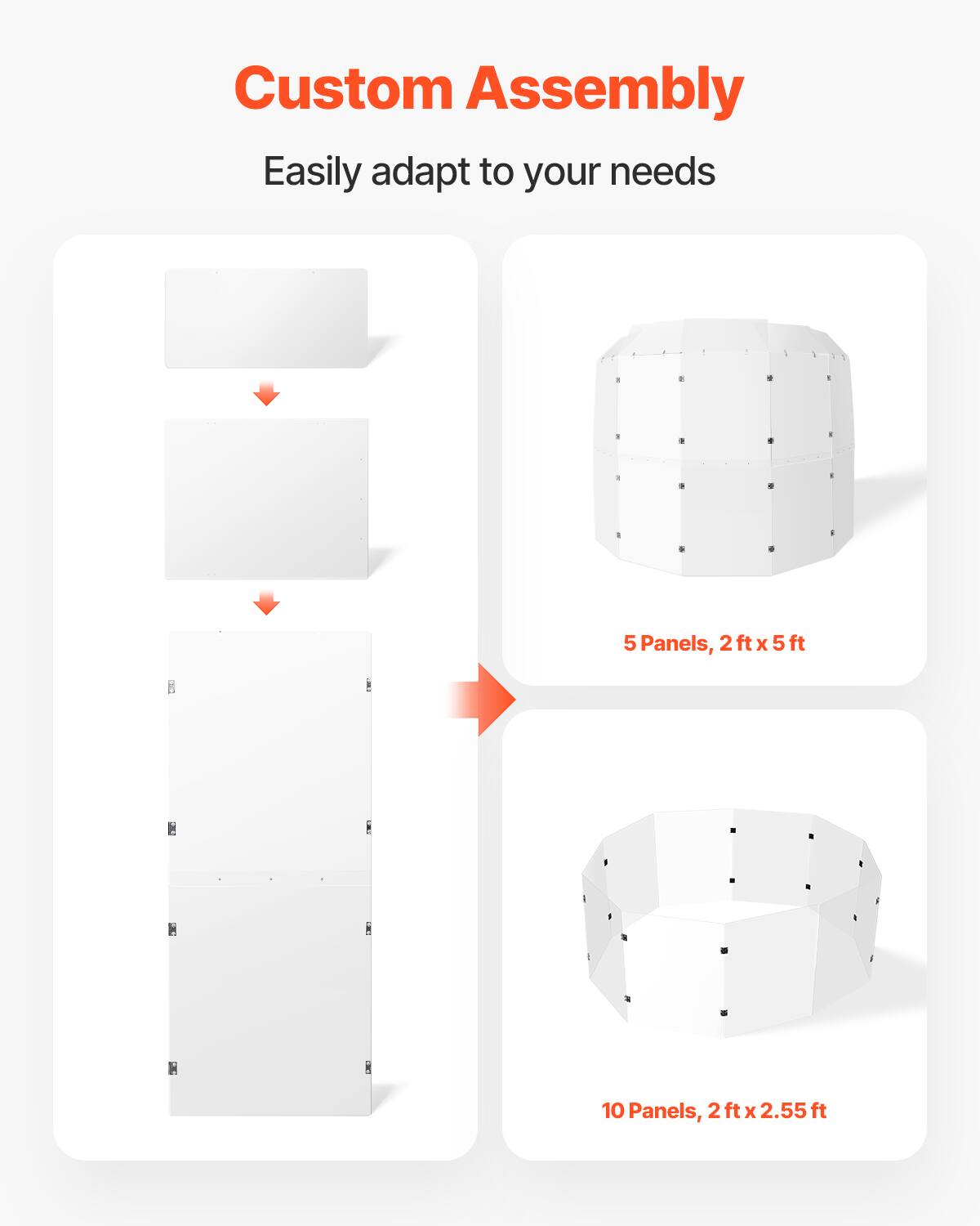 Custom Assembly  
Easily adapt to your needs  

5 Panels, 2 ft x 5 ft  

10 Panels, 2 ft x 2.55 ft