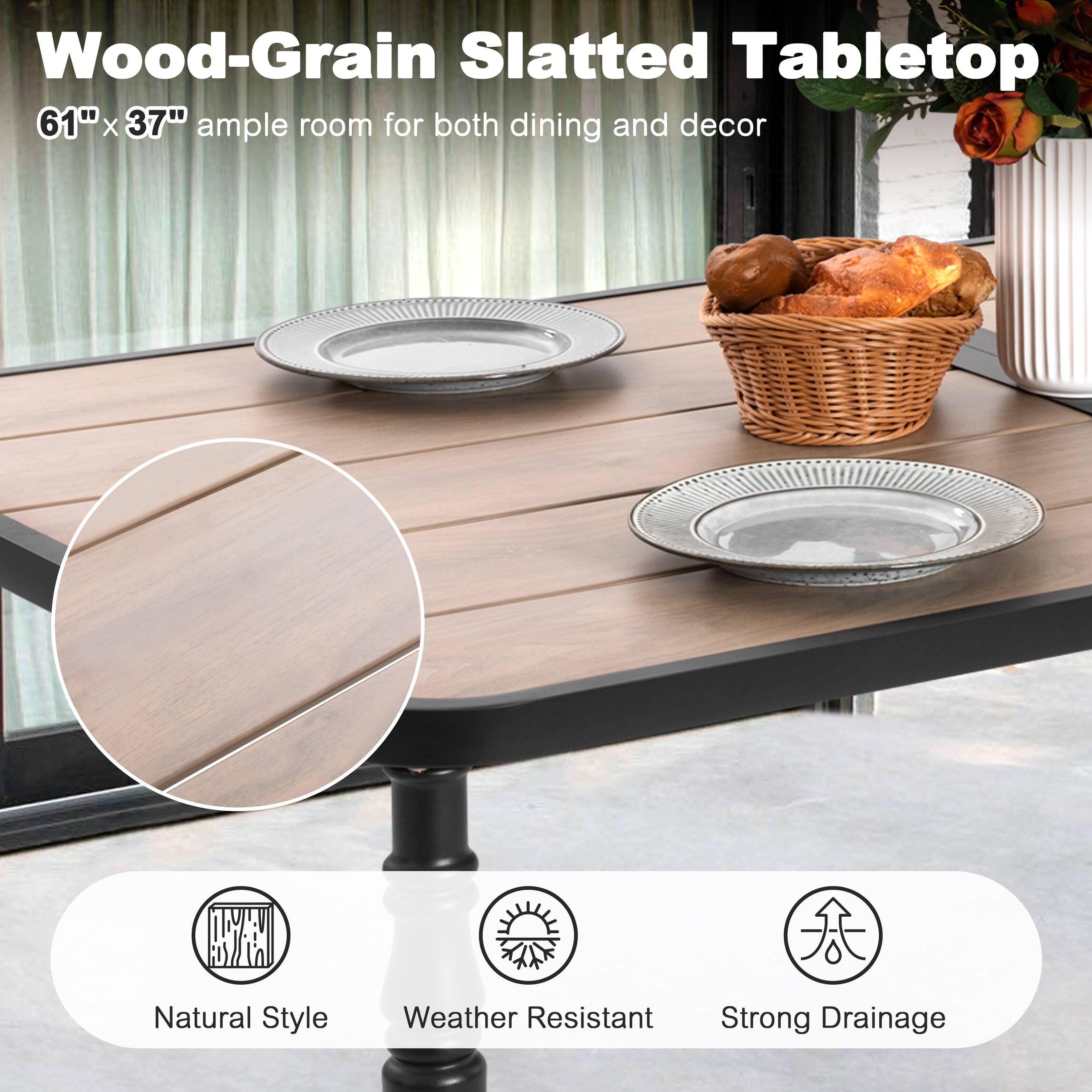 Wood-Grain Slatted Tabletop  
61" x 37" ample room for both dining and decor  

Natural Style  
Weather Resistant  
Strong Drainage