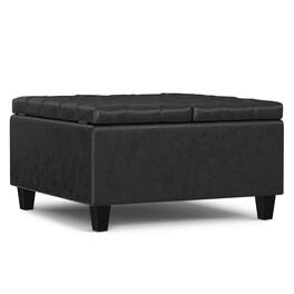 Simpli Home - Harrison 30 inch Wide Small Square Coffee Table Storage Ottoman Vegan Leather - Distressed Black