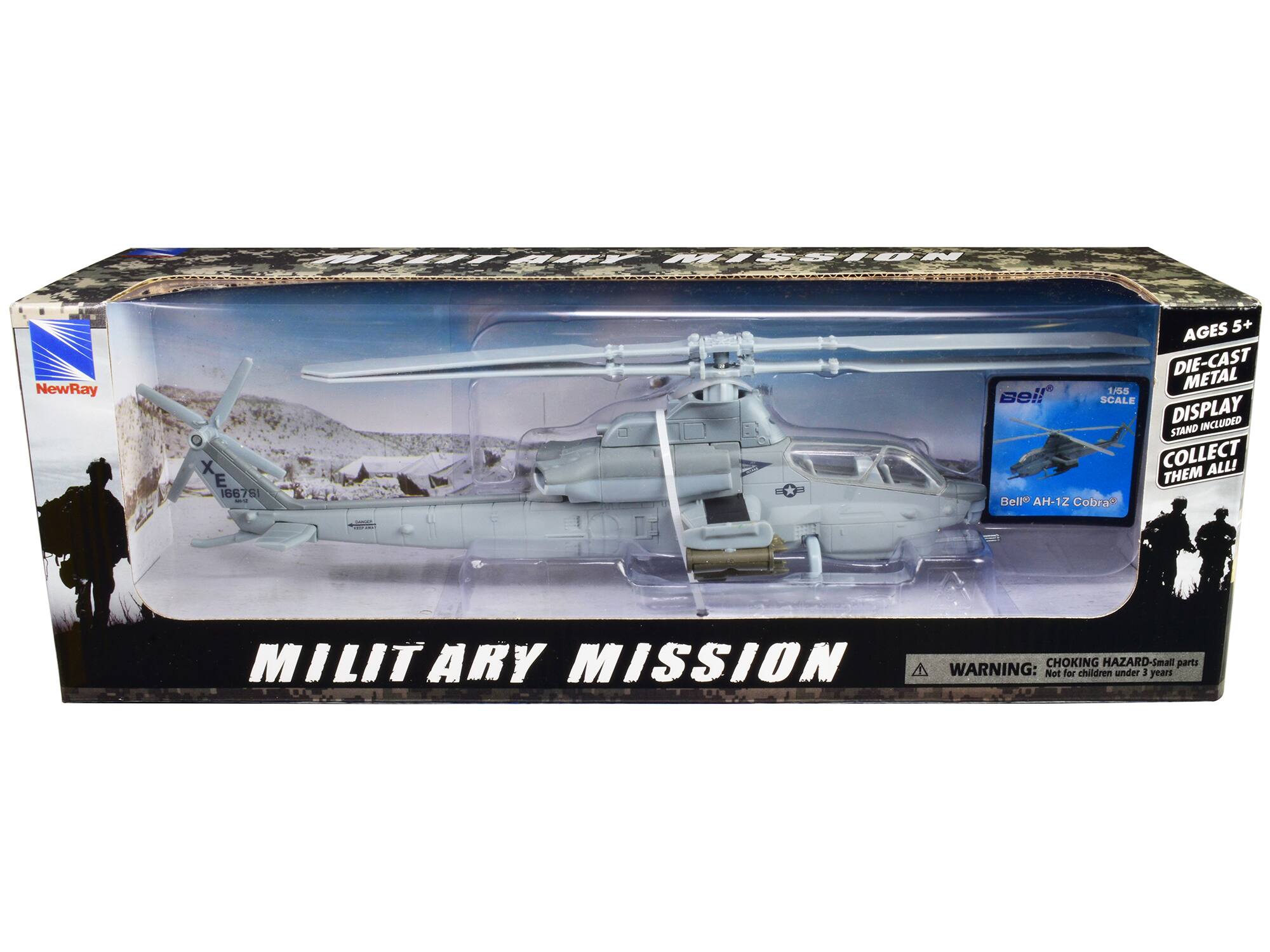 HITTANY MISSION  
NewRay X E 166751 - AGES 5+  
DIE-CAST 1/58 METAL  
SCALE DISPLAY  
INCLUDE STAND  
COLLECT THEM ALL!  
Belt AH-1Z Cobra  
MILITARY MISSION  
CHOKING HAZARD - Small parts  
WARNING: Not for children under 3 years