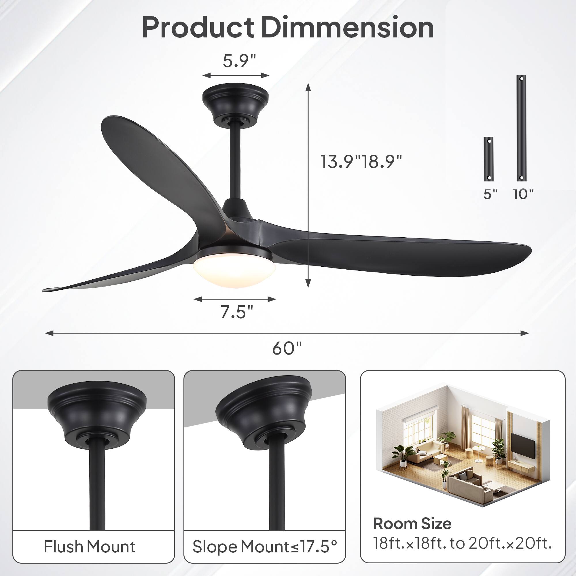 Product Dimension  
5.9" 13.9" 18.9" 5" 10" 7.5" 60"  
Flush Mount  
Slope Mounts ≤17.5°  
Room Size: 18ft. x 18ft. to 20ft. x 20ft.