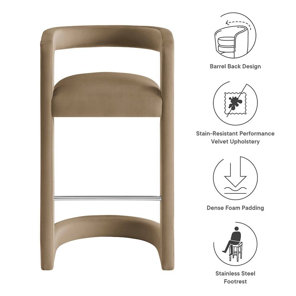 - Barrel Back Design
- Stain-Resistant Performance Velvet Upholstery
- Dense Foam Padding
- Stainless Steel Footrest
