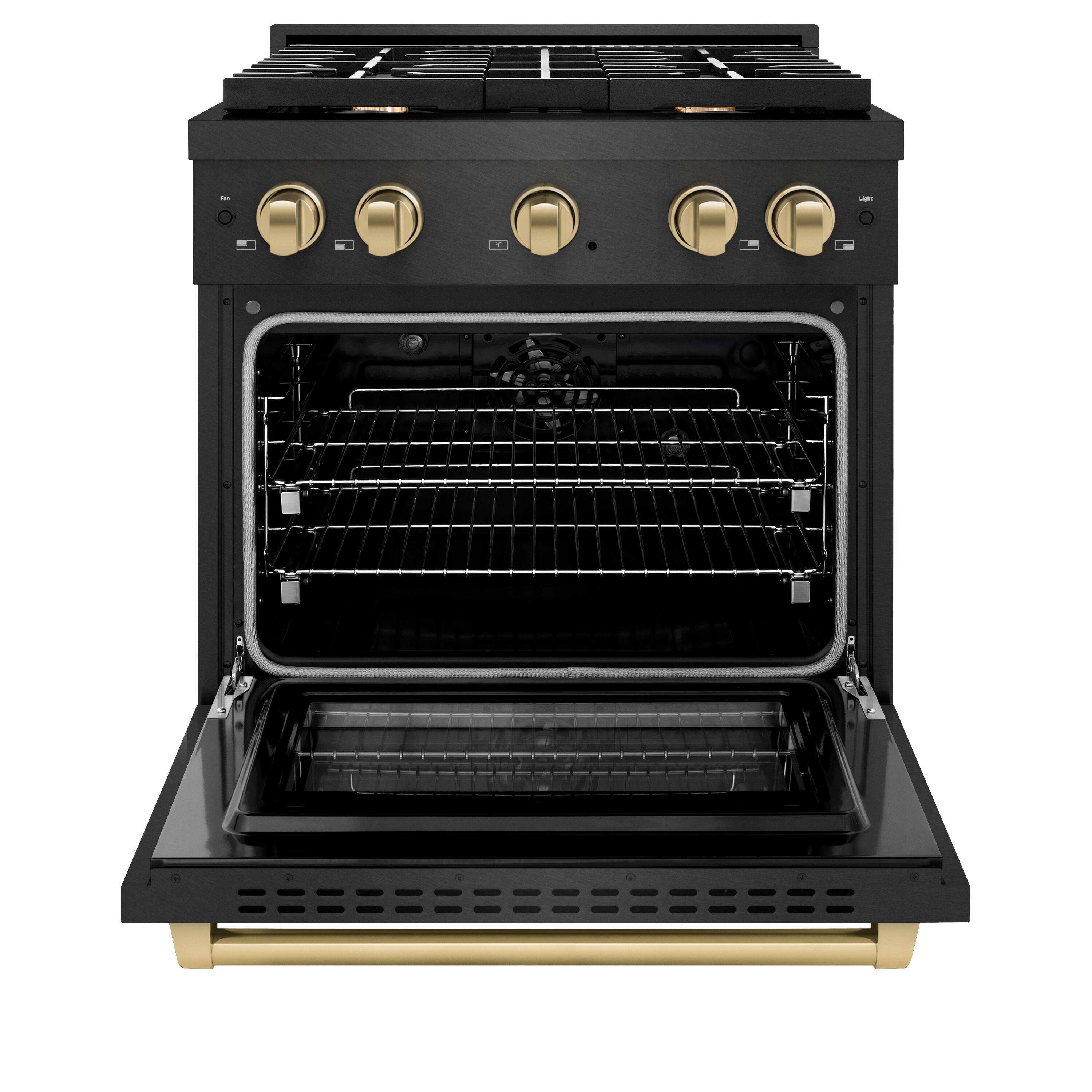 Angle. ZLINE - Autograph 30 in. 4.2 cu. ft. Freestanding Paramount Dual Fuel Range in Black Satin Stainless Steel with Bronze Accents - Black Satin Stainless Steel.