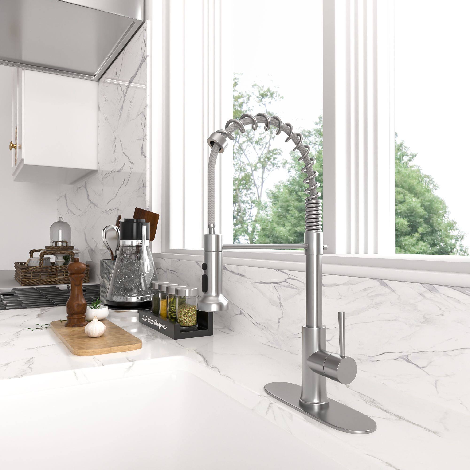 Alt View 1. Lordear - Commercial Kitchen Faucet with Dual Function Pull-Down Sprayhead in Brushed Nickel Finish - Brushed Nickel.
