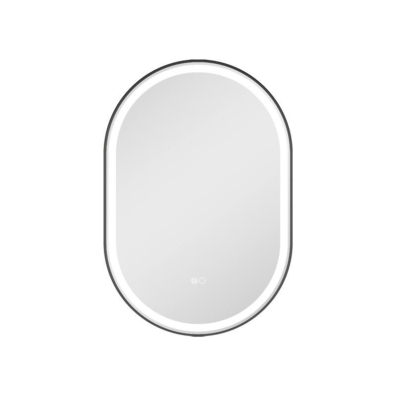 Left. WELLFOR - 24 in x 36 in Oval Framed LED Bathroom Vanity Mirror with Anti-Fog, Wall-Mounted Mirror with Front and Backlit LED - Matte Black.