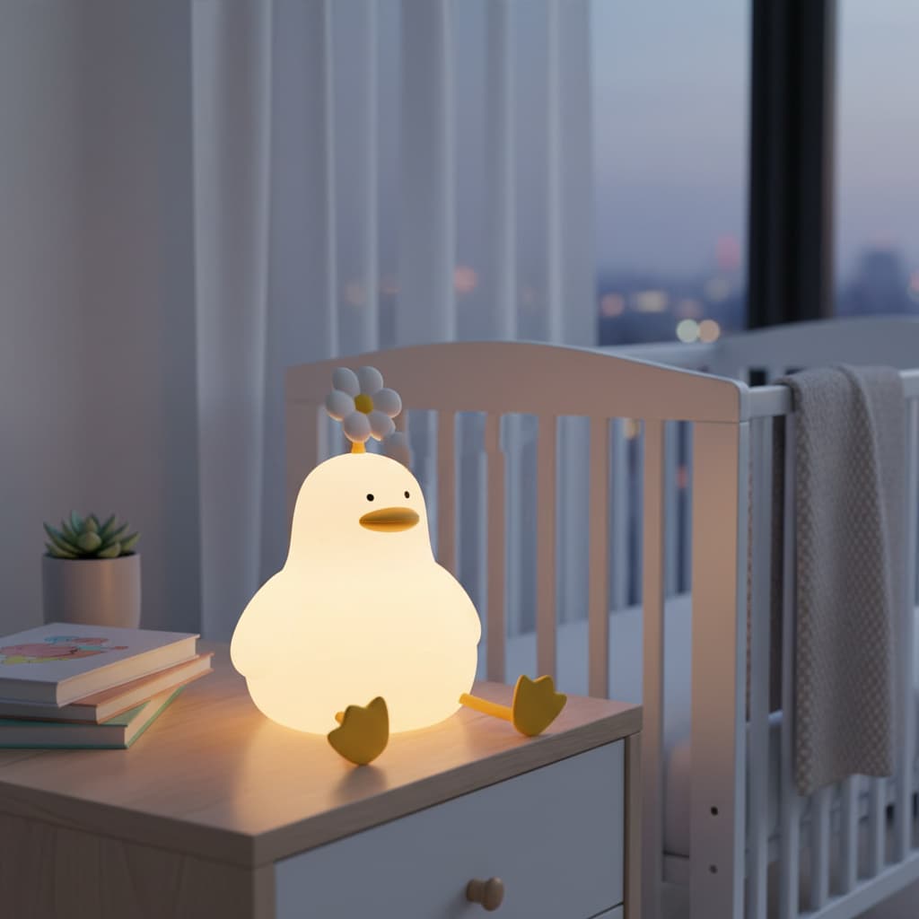 Alt View 2. FINEAK - Cute Cartoon Animal Night Light: Safe Silicone LED Lamp for Toddlers - Flower Duck Design - White.