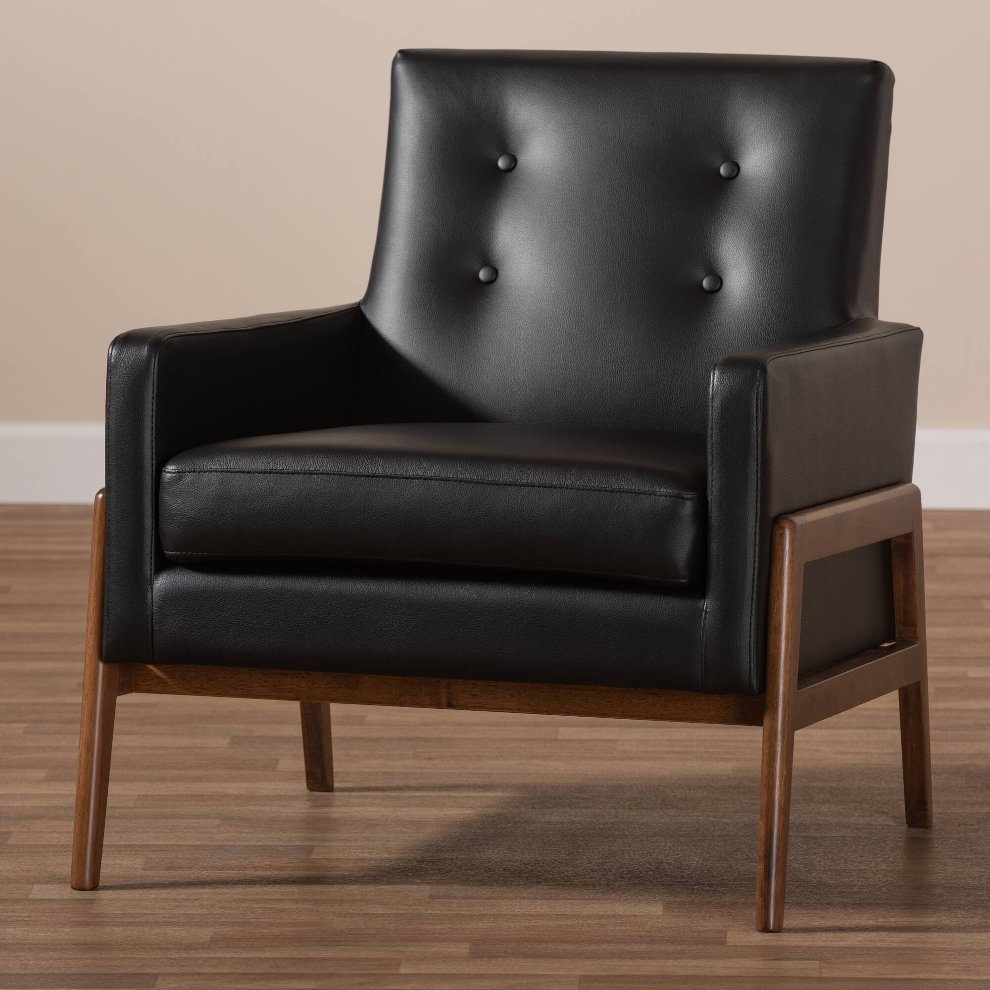 Alt View 4. Baxton Studio - Perris Mid-Century Modern Faux Leather Upholstered Walnut Wood Lounge Chair - Black.