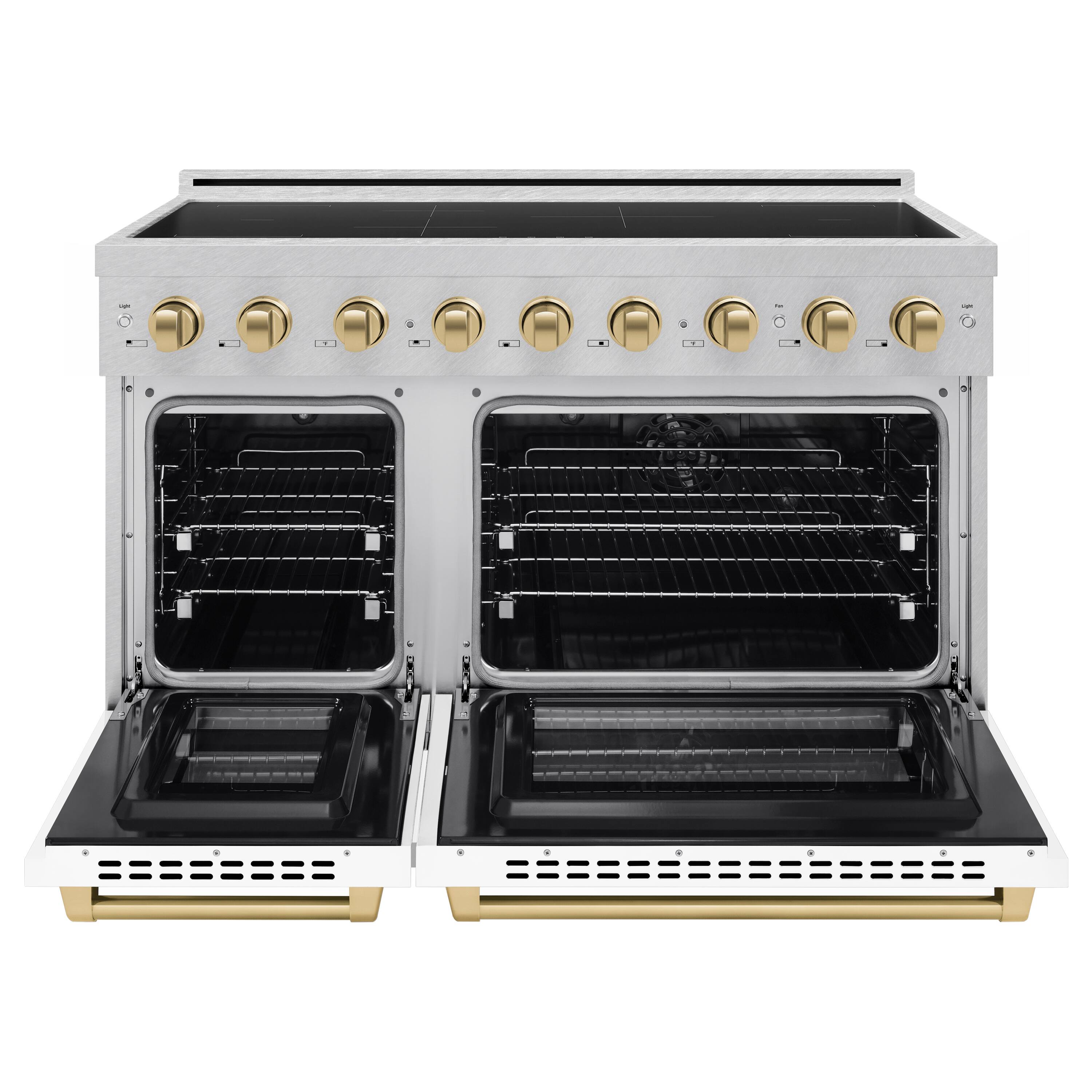 Angle. ZLINE - Autograph 48 in. 6.7 cu. ft. Paramount Freestanding Induction Range in Satin Steel with White Doors and Bronze Accents - Matte White.