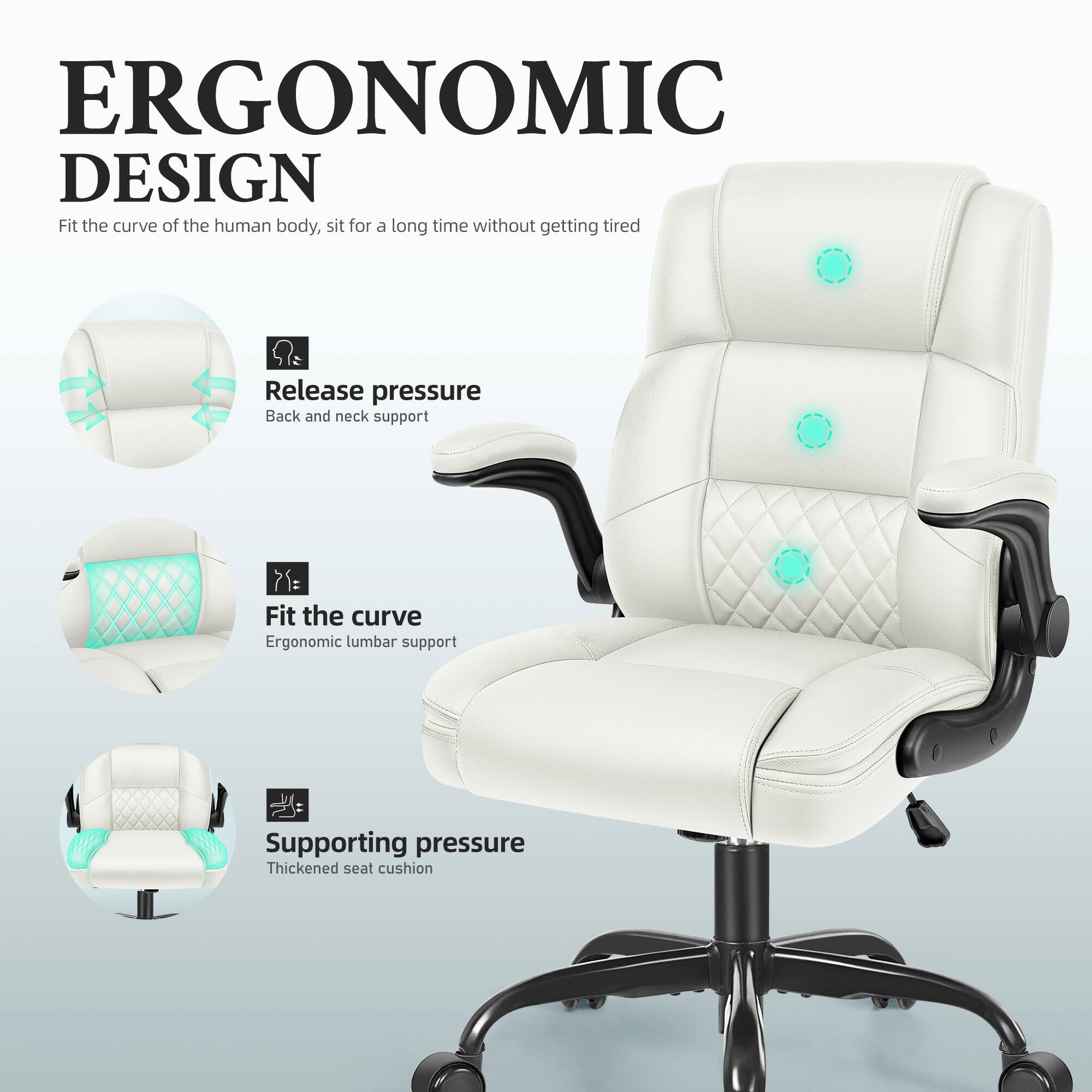 ERGONOMIC DESIGN  
Fit the curve of the human body, sit for a long time without getting tired

Release pressure  
Back and neck support

Fit the curve  
Ergonomic lumbar support

Supporting pressure  
Thickened seat cushion