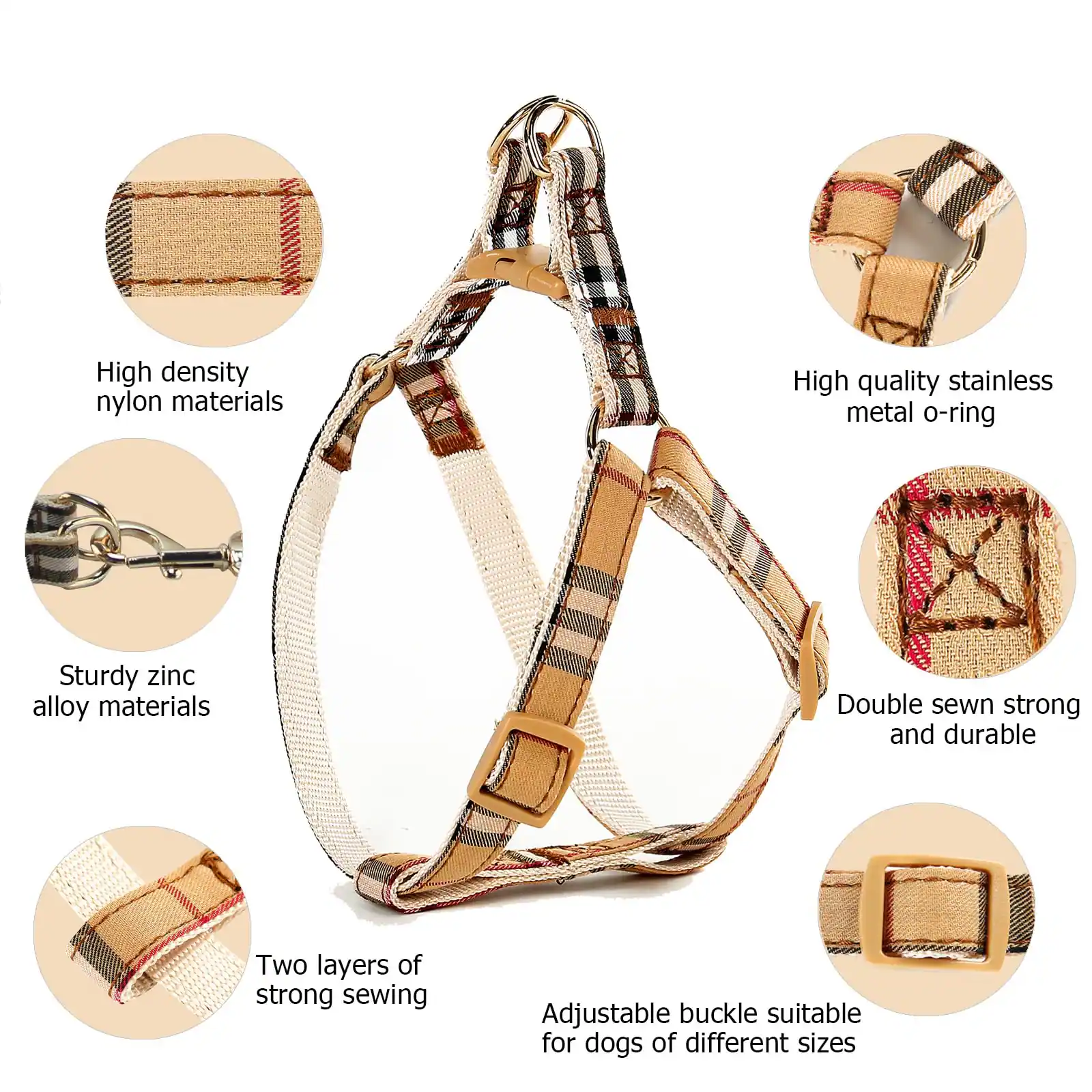 - High density nylon materials
- High quality stainless metal o-ring
- Sturdy zinc alloy materials
- Double sewn strong and durable
- Two layers of strong sewing
- Adjustable buckle suitable for dogs of different sizes