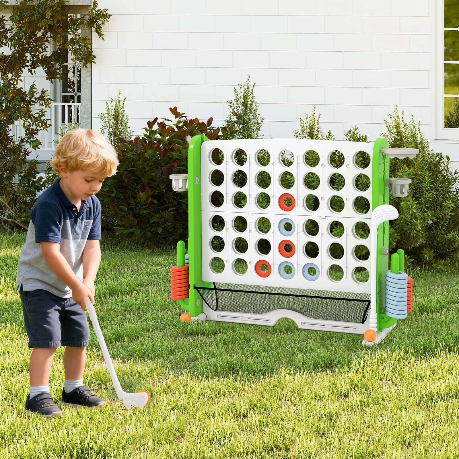 Alt View 3. Costway - Costway Giant 4-in-a-Row Game Set with Ring-toss, Basketball Hoop, Golf Club & Cup Holders - Green,White.